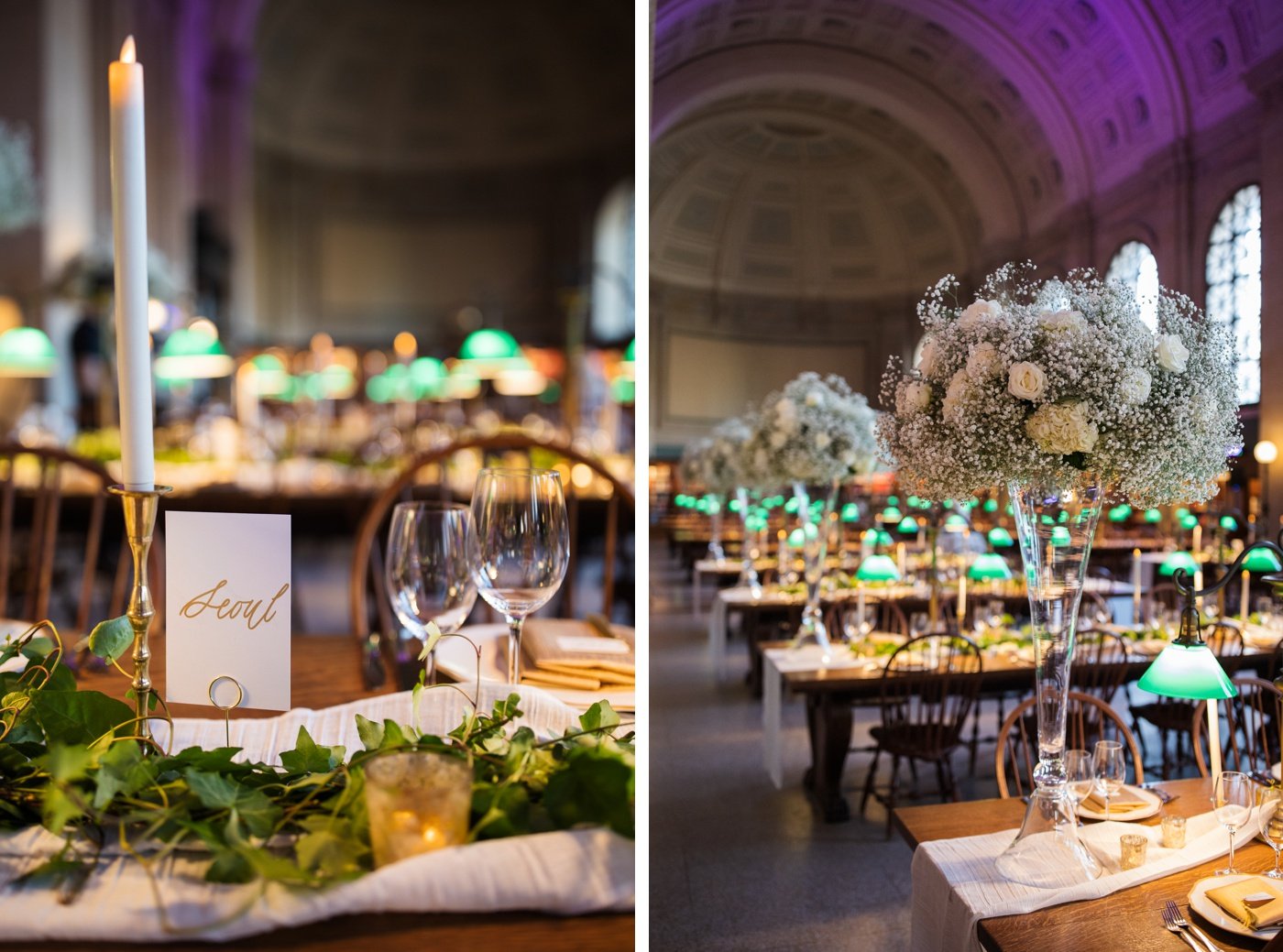 Tall glass vases with white roses and baby's breath for a wedding reception at Boston Public Library