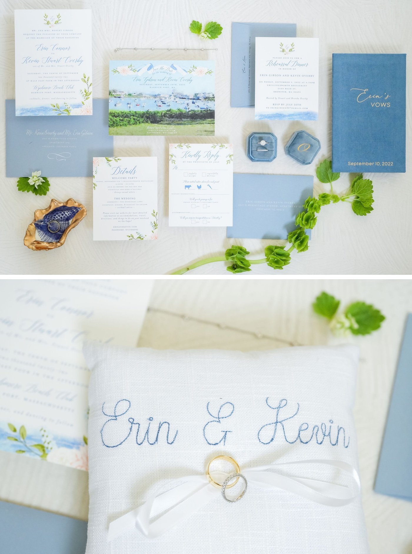Flatlay of an invitation suite for a wedding at Wychmere Beach Club