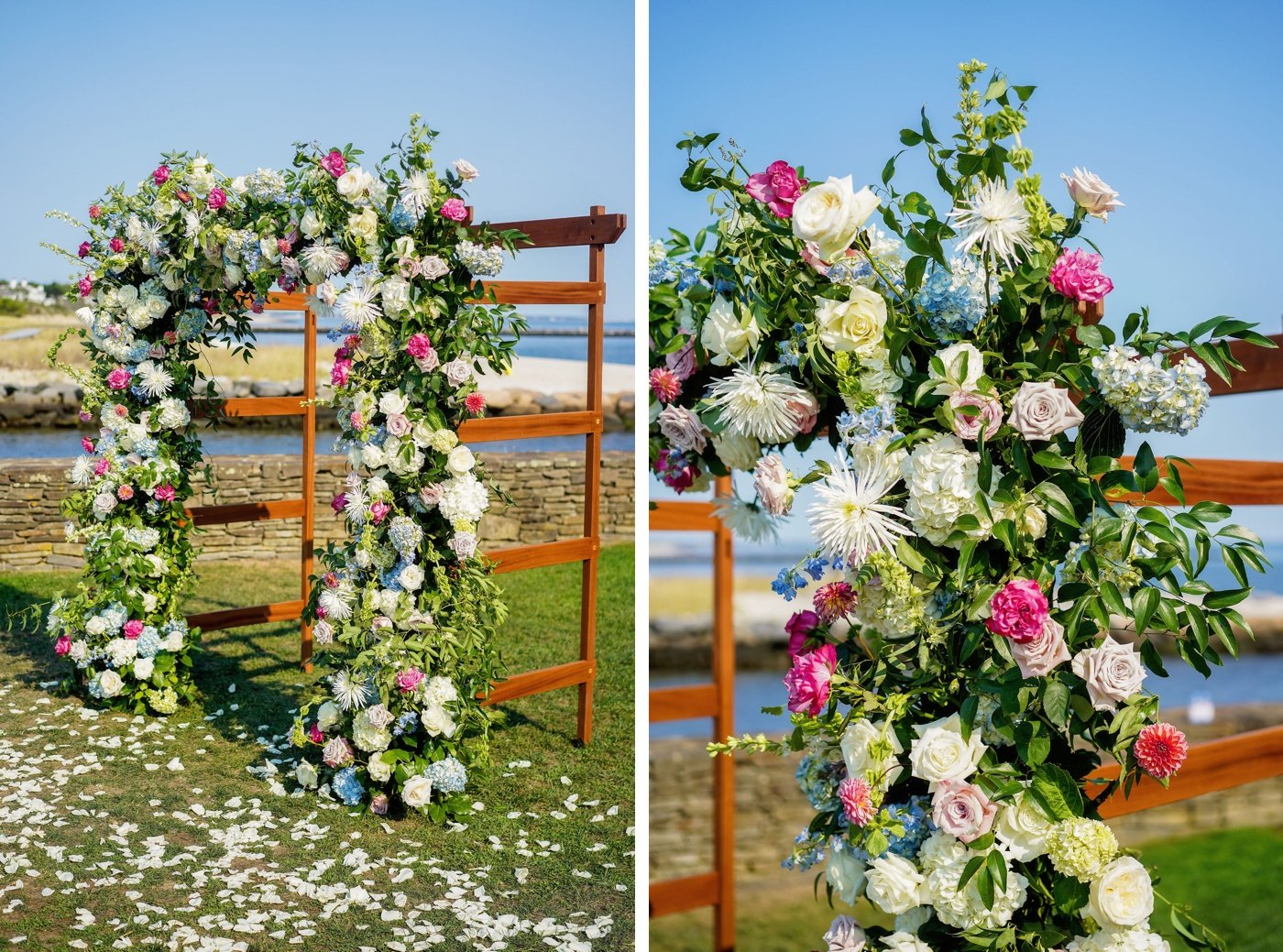 Wedding ceremony arch with white spider mums, blush roses, and blue delphinium by Botanique of Cape Cod