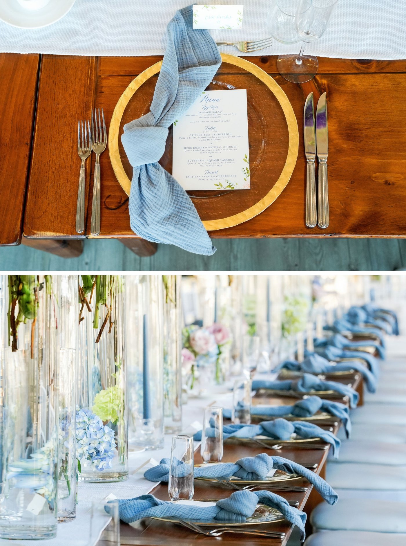 Blue muslin linens for a summer wedding at Wychmere Beach Club