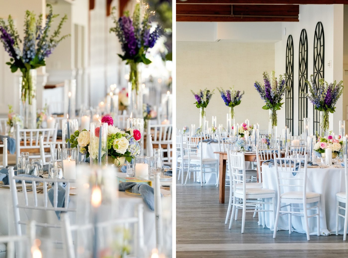 Farm tables with dusty blue linens and vases of purple delphinium at a coastal wedding reception