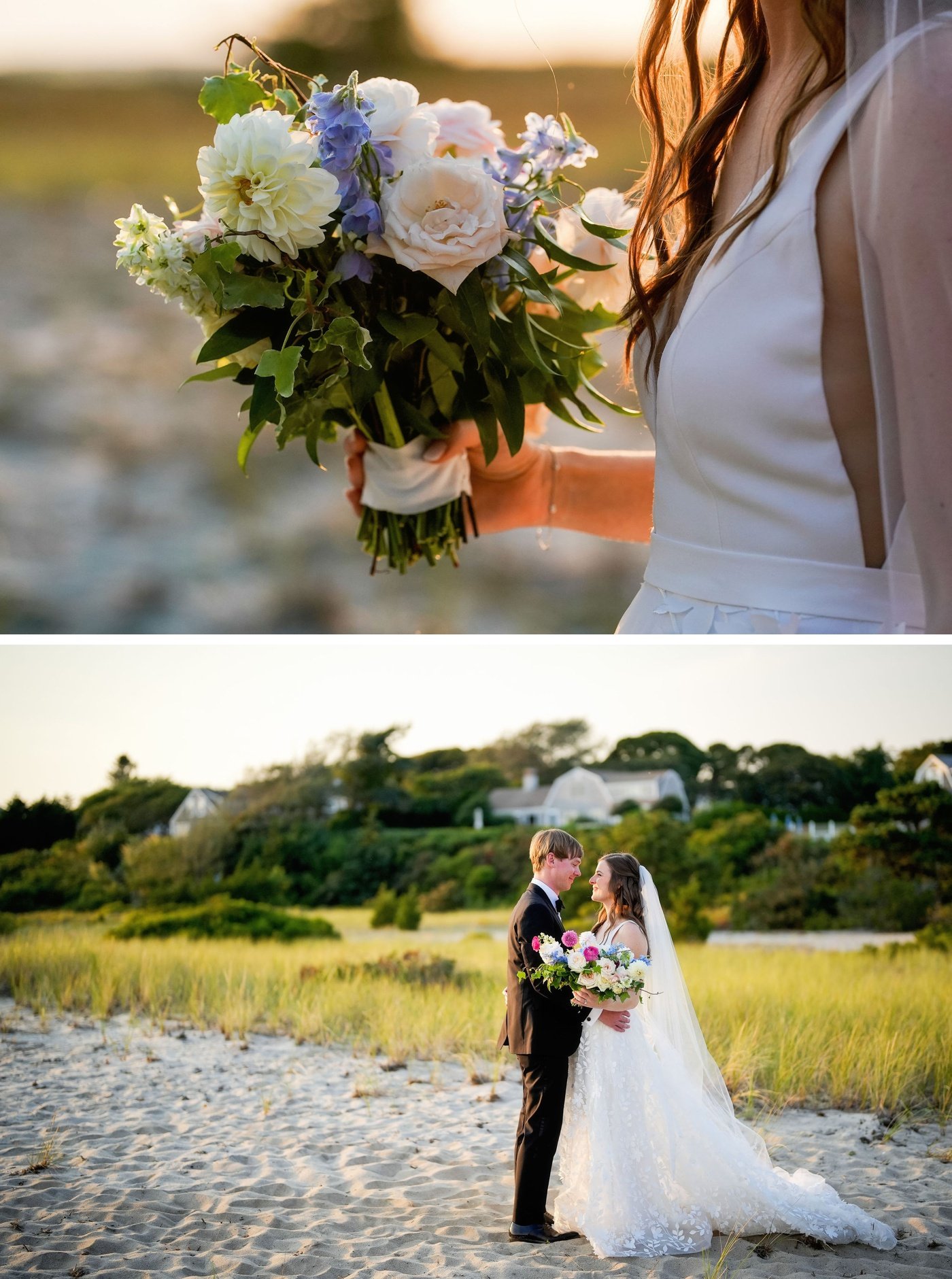 A bridal bouquet filled with white roses, pink dahlias, and blue delphinium by Botanique of Cape Cod