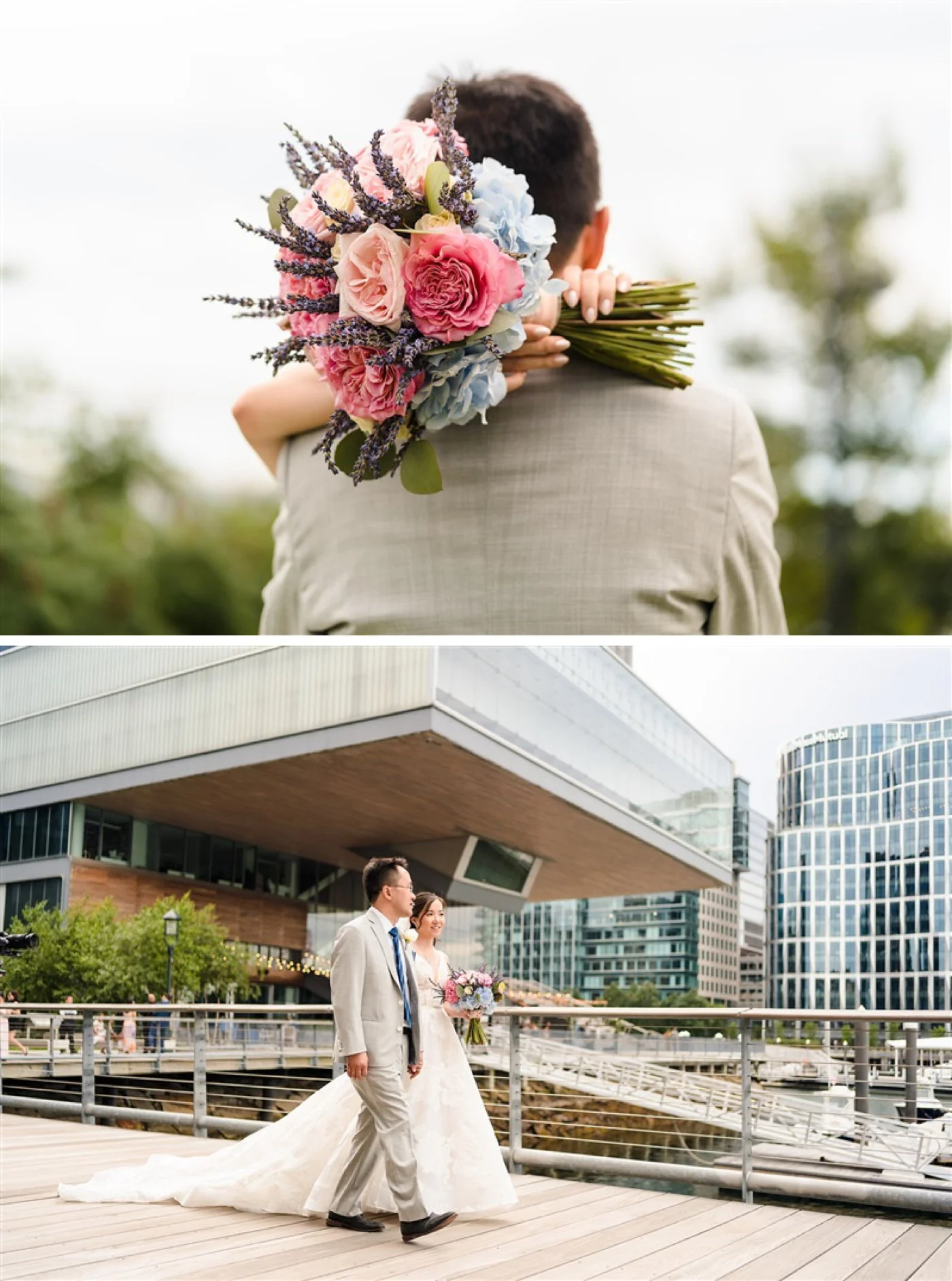 A bridal bouquet filled with pink garden roses, blue hydrangeas, and lavender by Flou(-e)r Specialty Floral Events