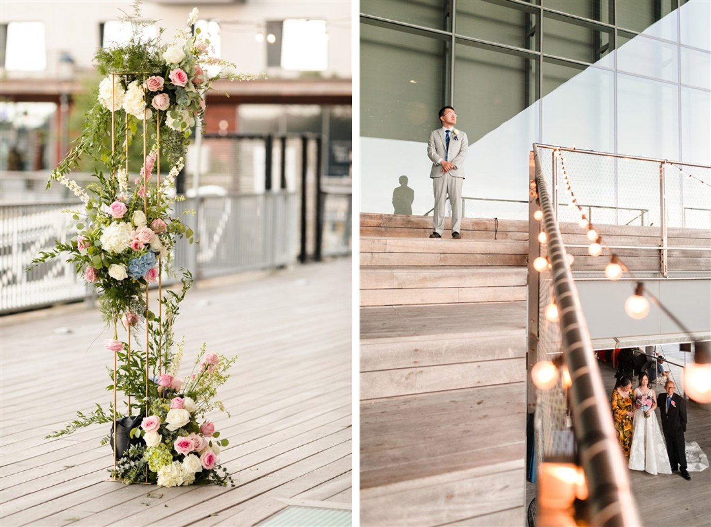 Gold pillars with pink and white roses and blue hydrangeas for a summer wedding ceremony