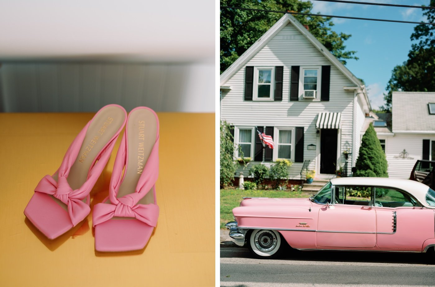 A pair of pink Stuart Weitzman heels and a pink vintage Cadillac at an '80s-themed wedding