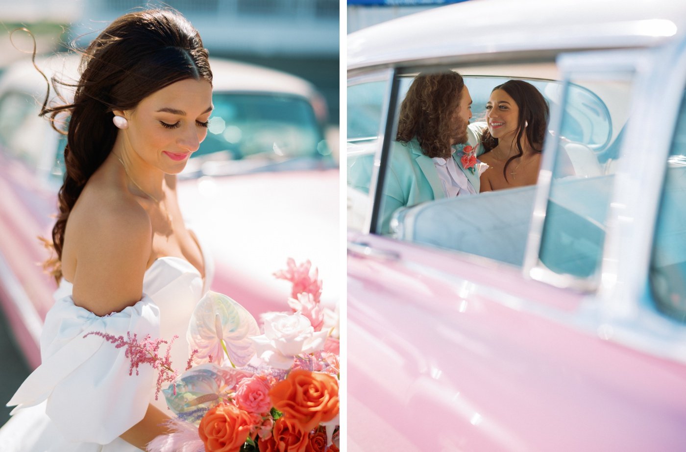 Bride and groom portraits inside a pink vintage Cadillac