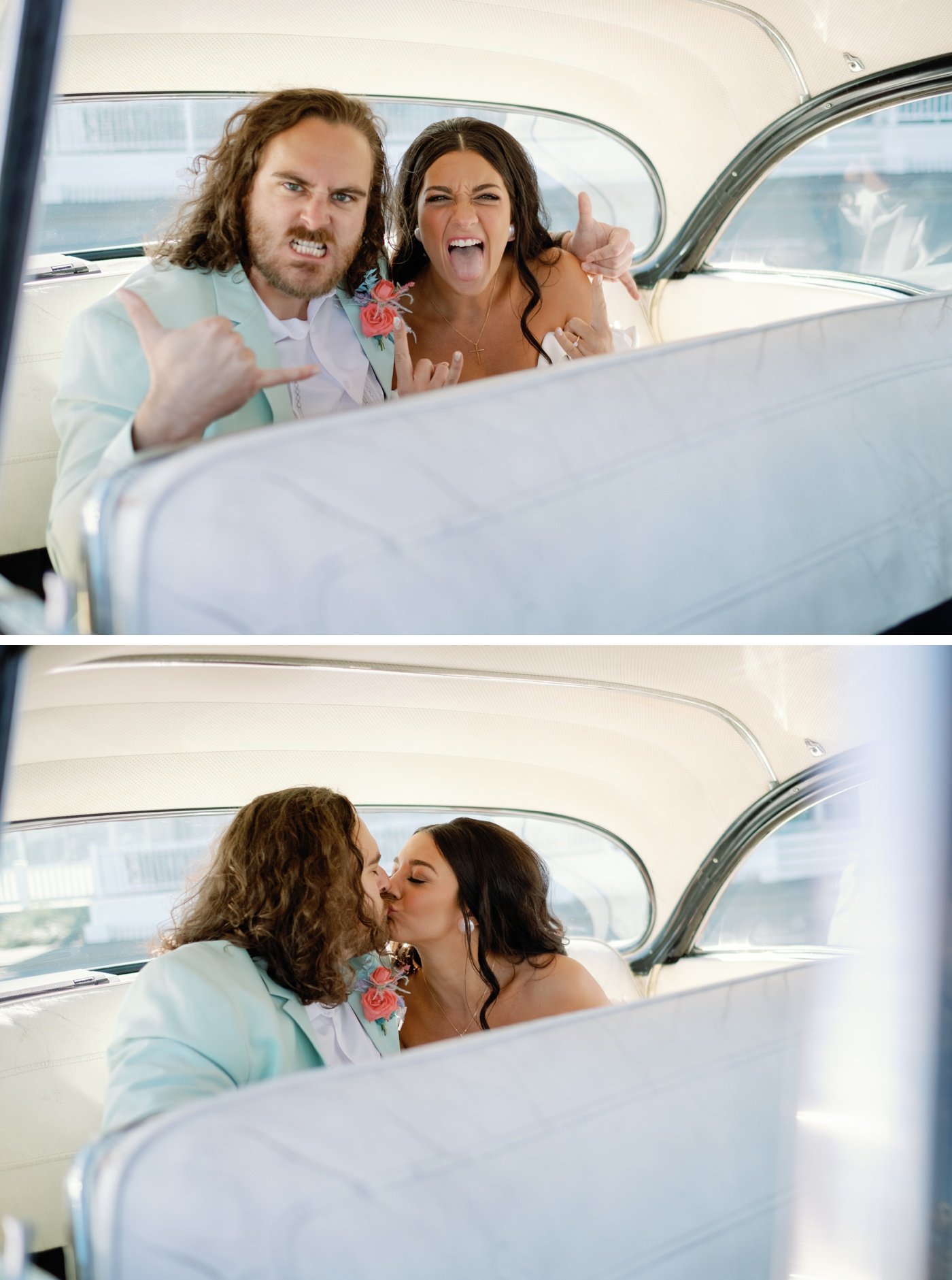 Bride and groom portraits inside a pink vintage Cadillac