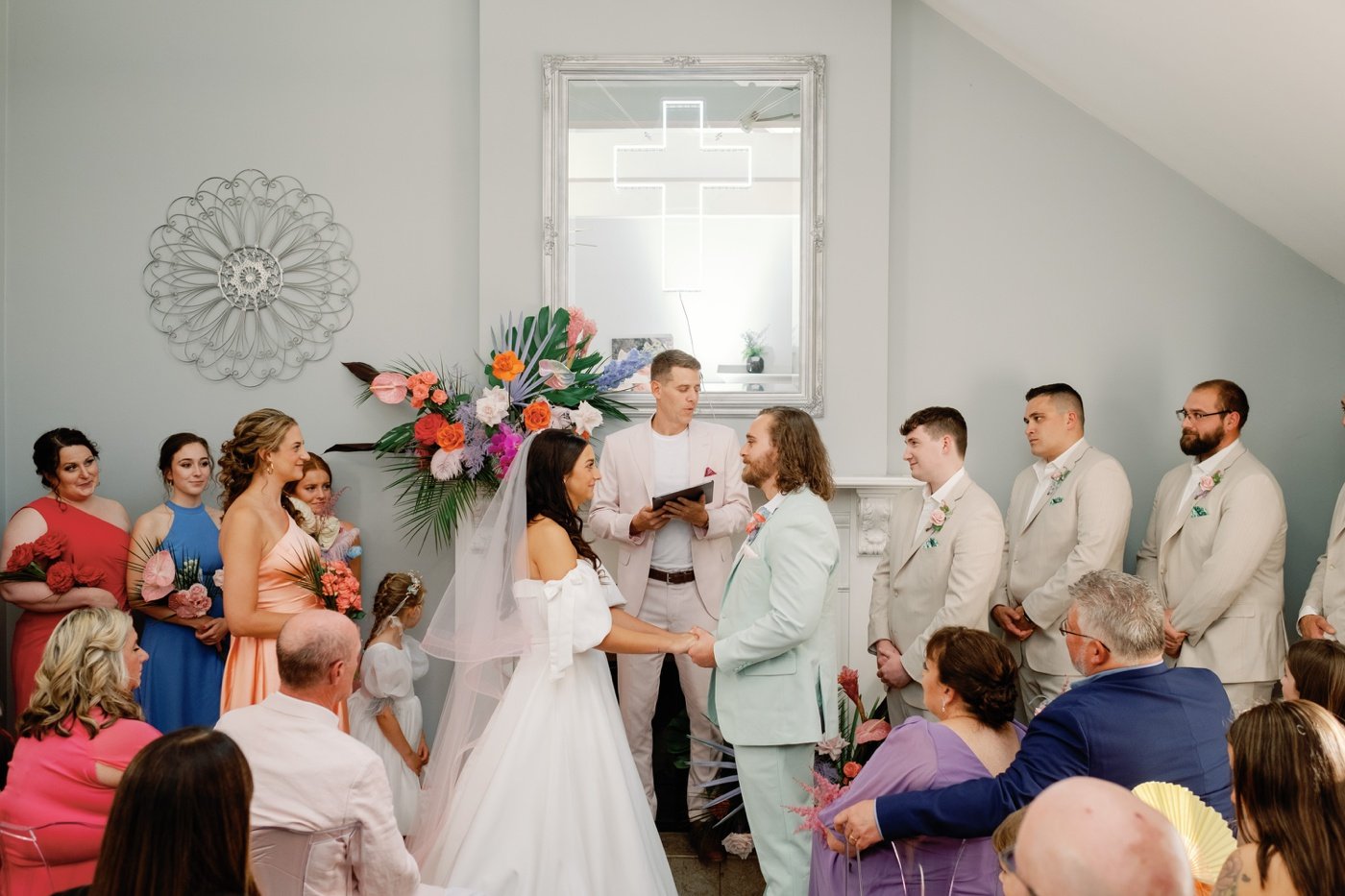 Intimate wedding ceremony in the bride's parent's living room
