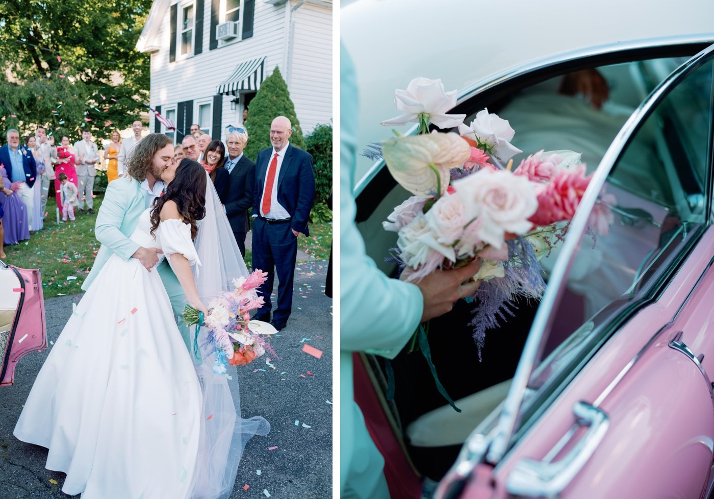 Bride and groom getting into a pink vintage Cadillac after their wedding ceremony