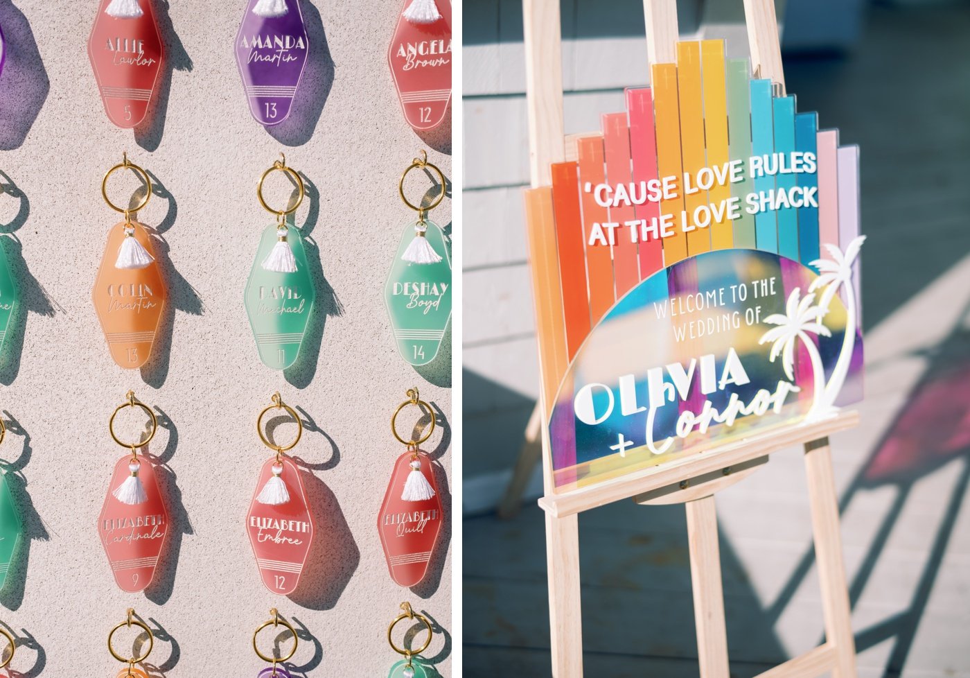 Rainbow welcome sign for an '80s-themed wedding with hotel keychain escort cards