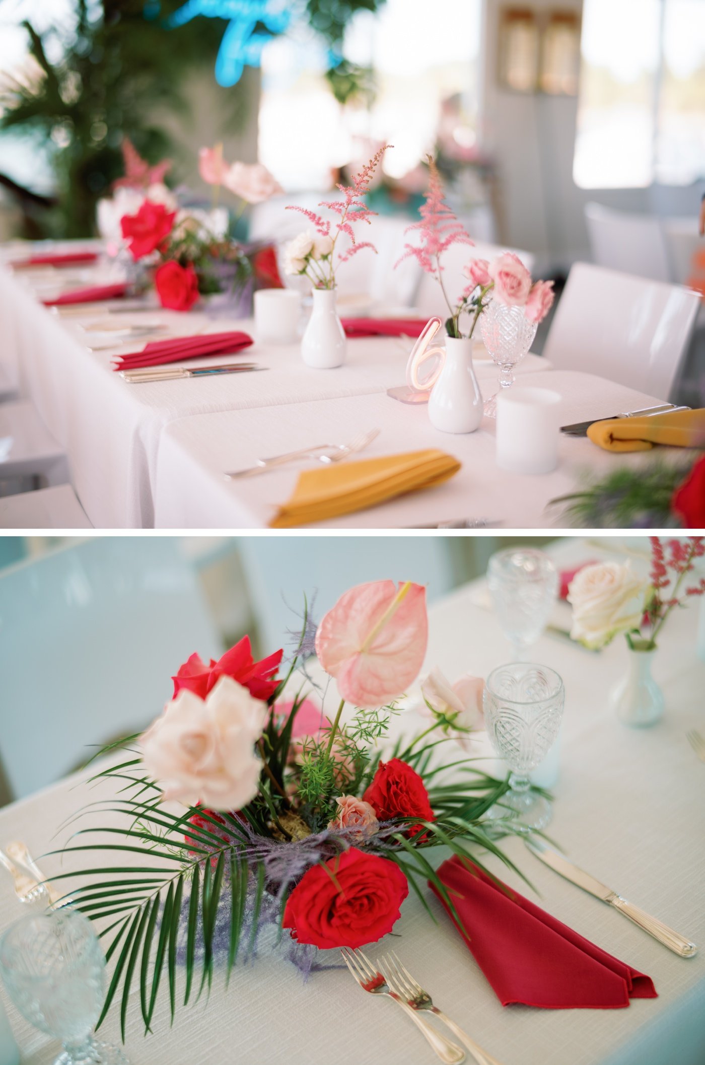Hot pink and mustard linens and bud vases with pink astilbe at a colorful wedding reception