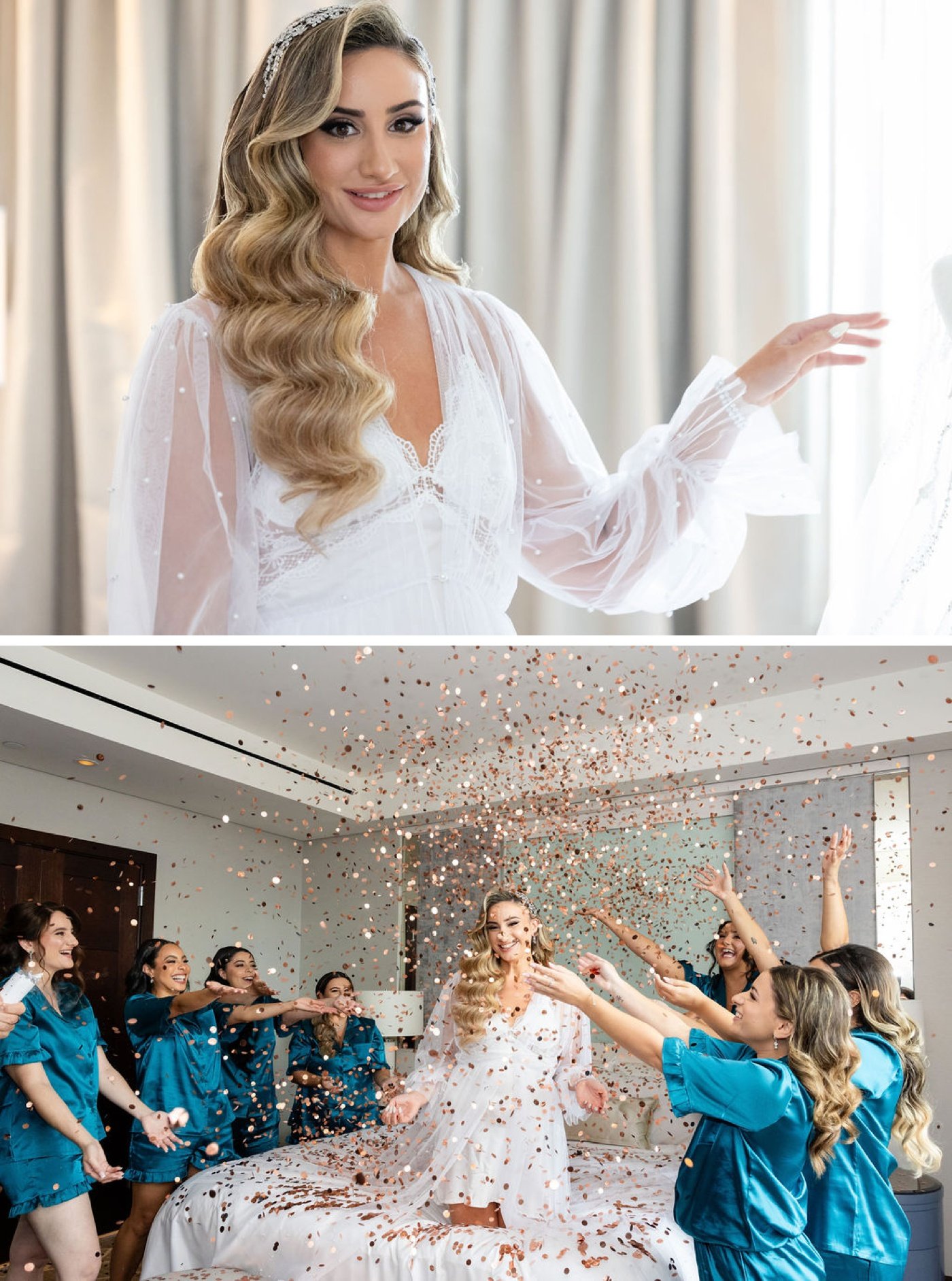 Bridesmaids showering confetti on the bride while getting ready