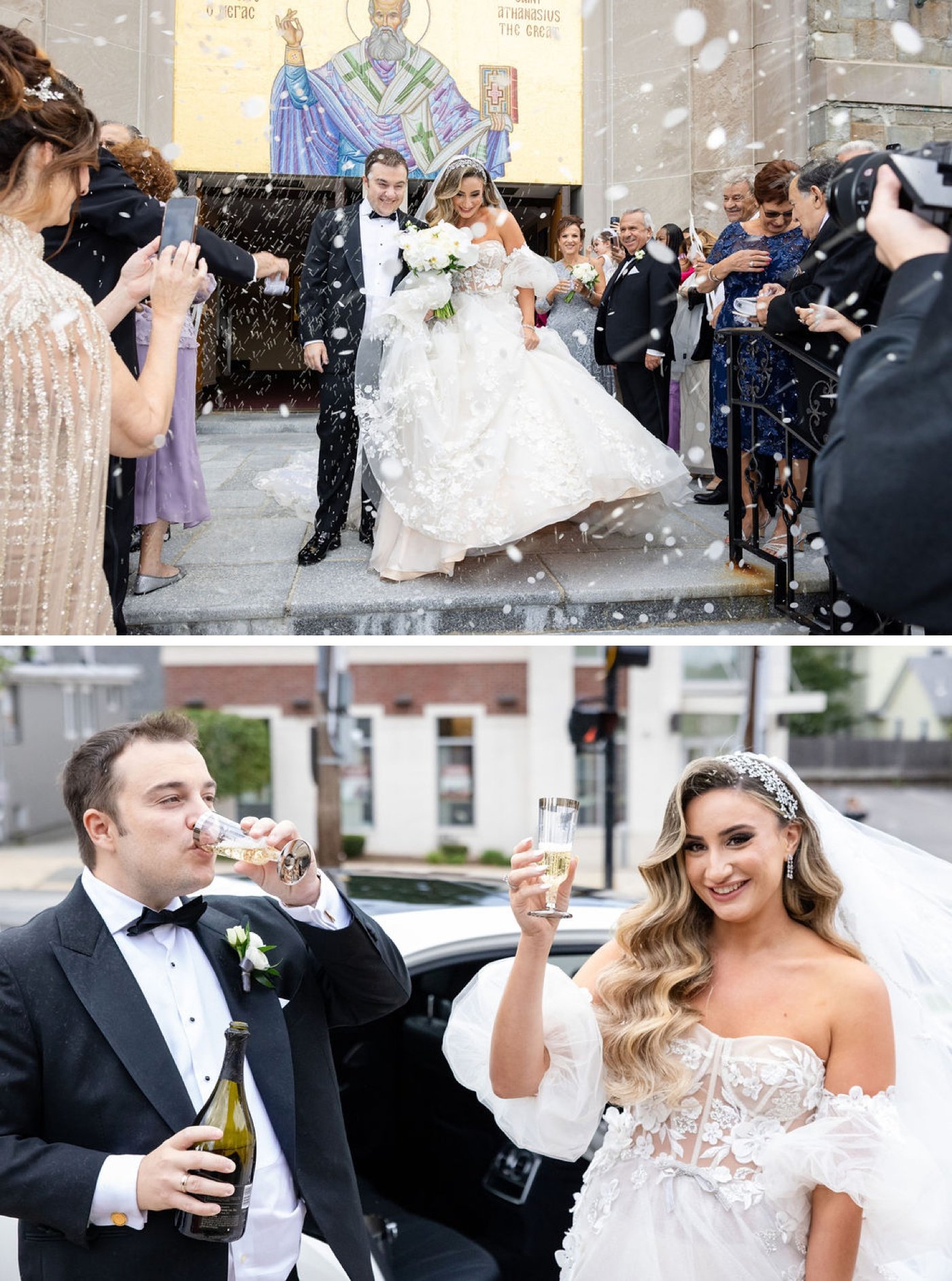 Wedding guests throwing rice on the bride and groom exiting their Greek Orthodox church ceremony