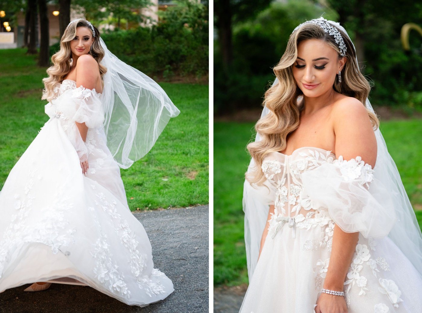 Bride wearing an off-the-shoulder wedding gown with corset boning and floral appliqués