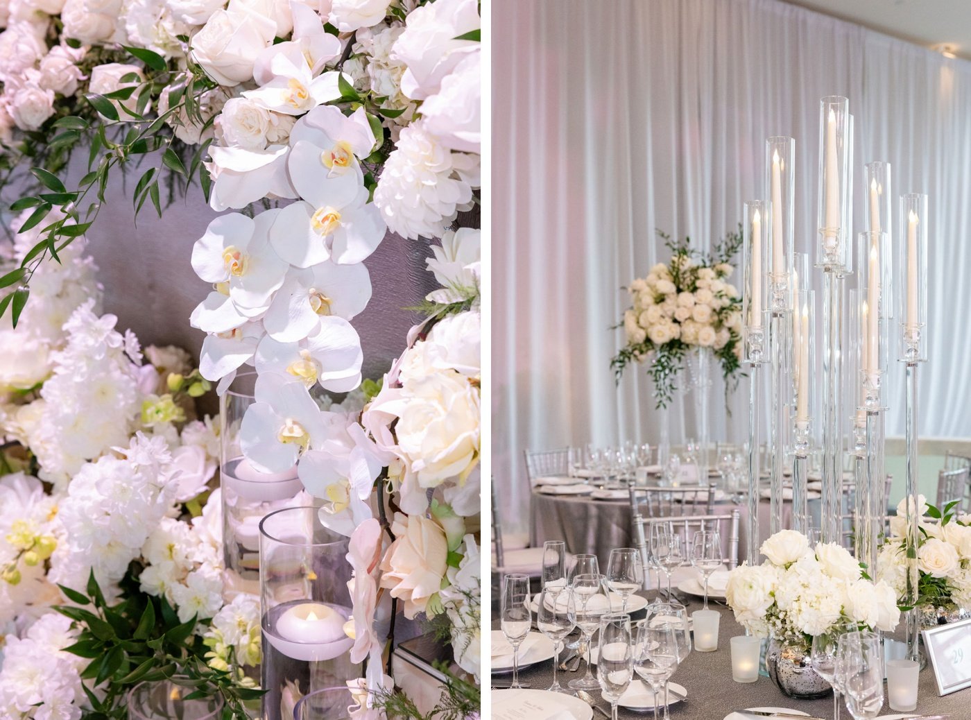 Floral installation with white orchids and floating candles at a wedding reception