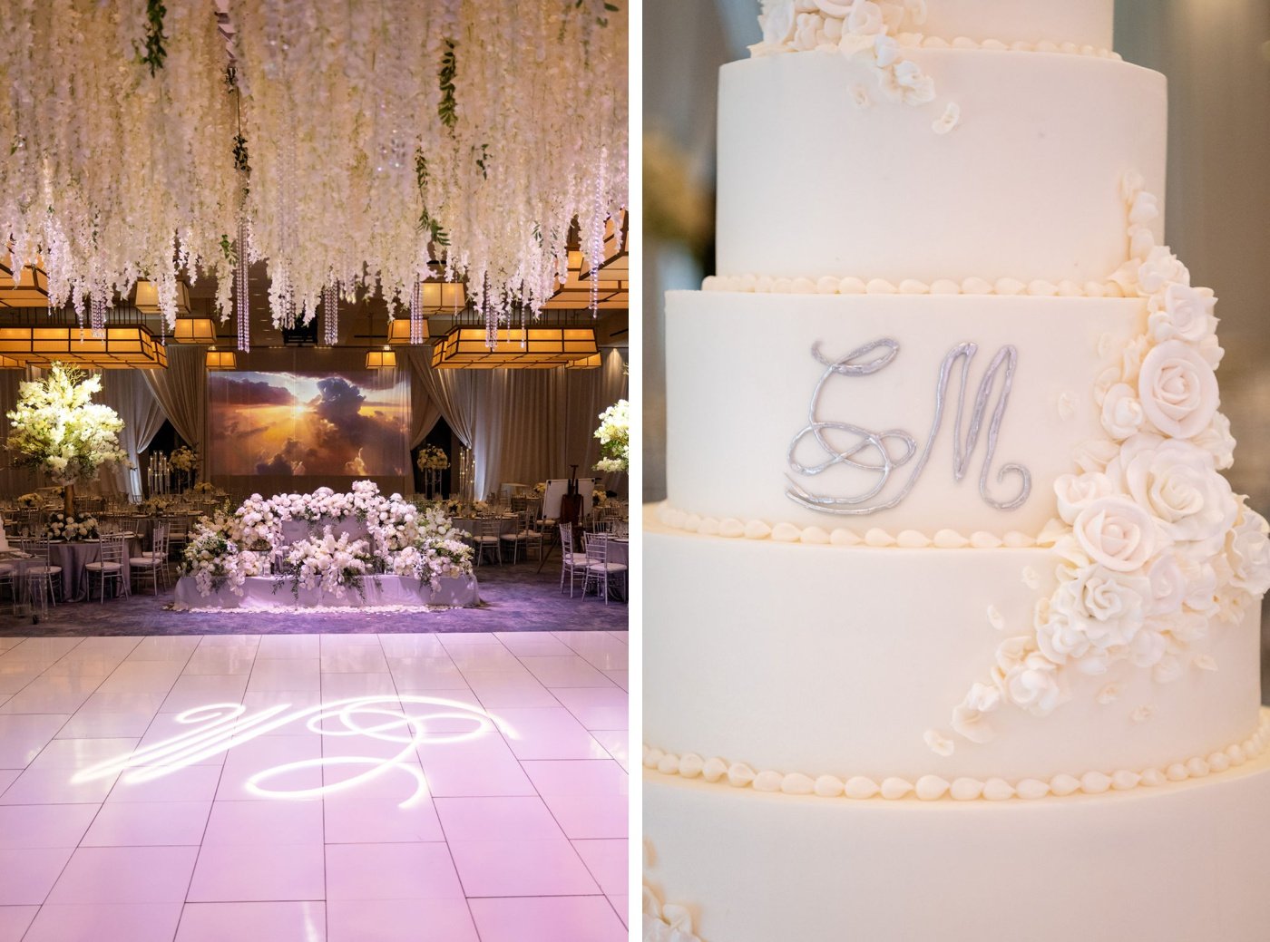 Custom monogram with the bride and groom's initials on a wedding cake