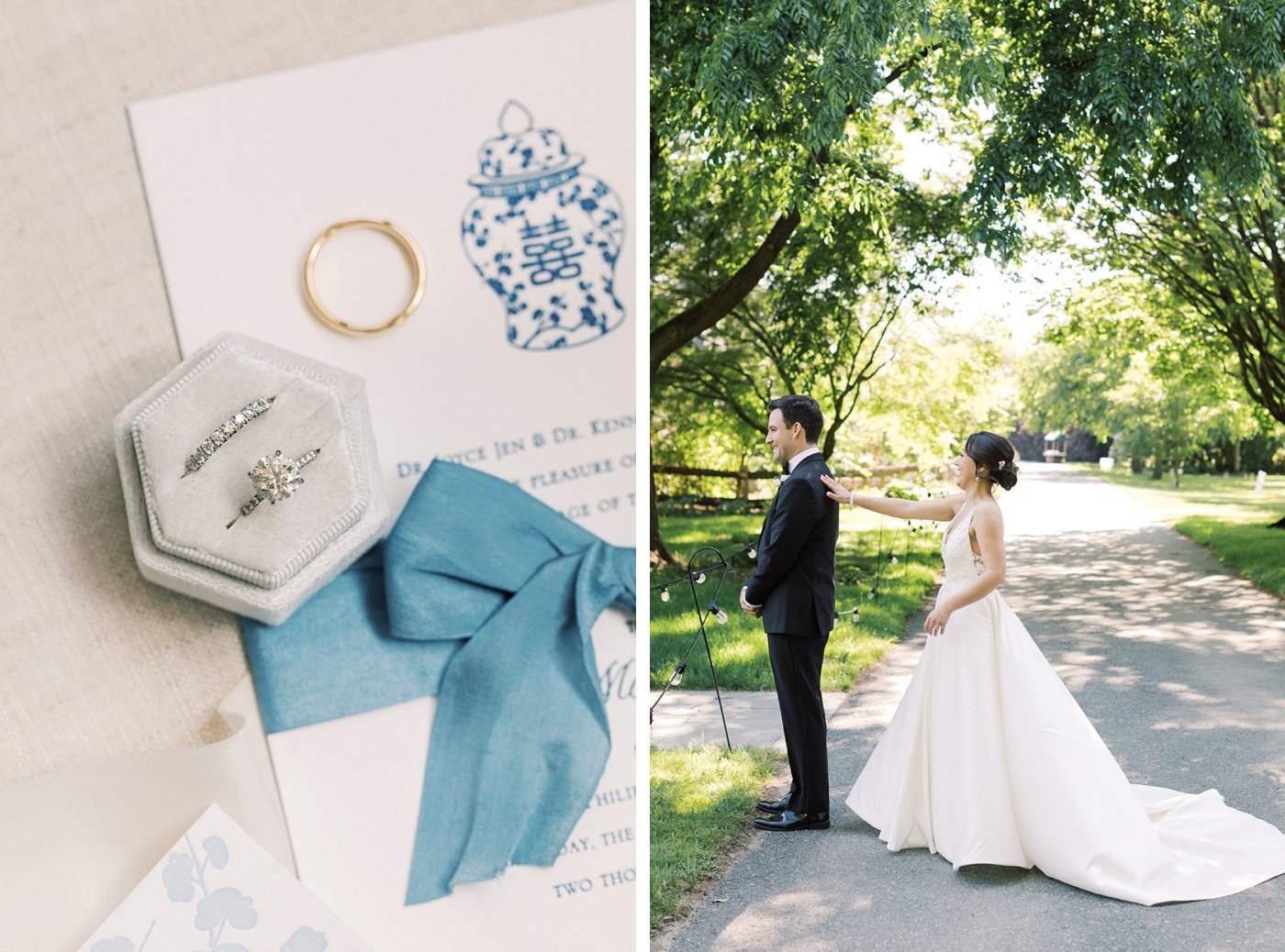 Light gray velvet ring box on top of a chinoiserie wedding invitation