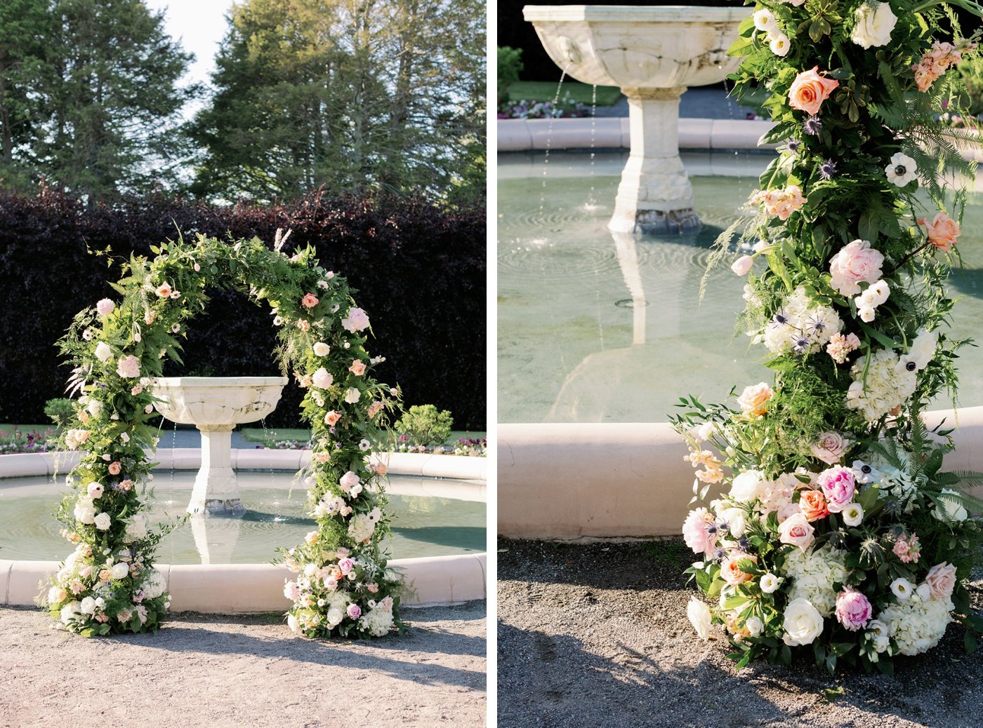 Pink and white floral wedding arch with peonies, hydrangeas, roses, and anemones by Sayles Livingston Design
