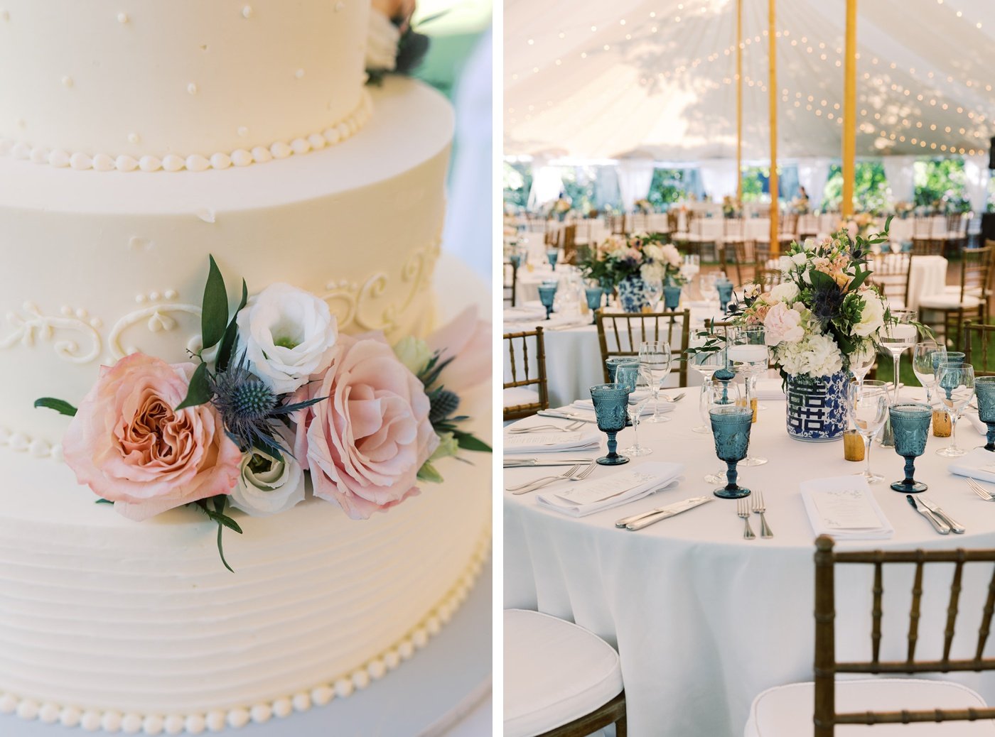 Fresh pink, blue, and white flowers decorating a wedding cake 
