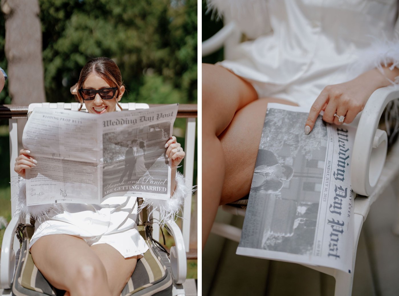 Bride reading a custom newspaper about her New England wedding