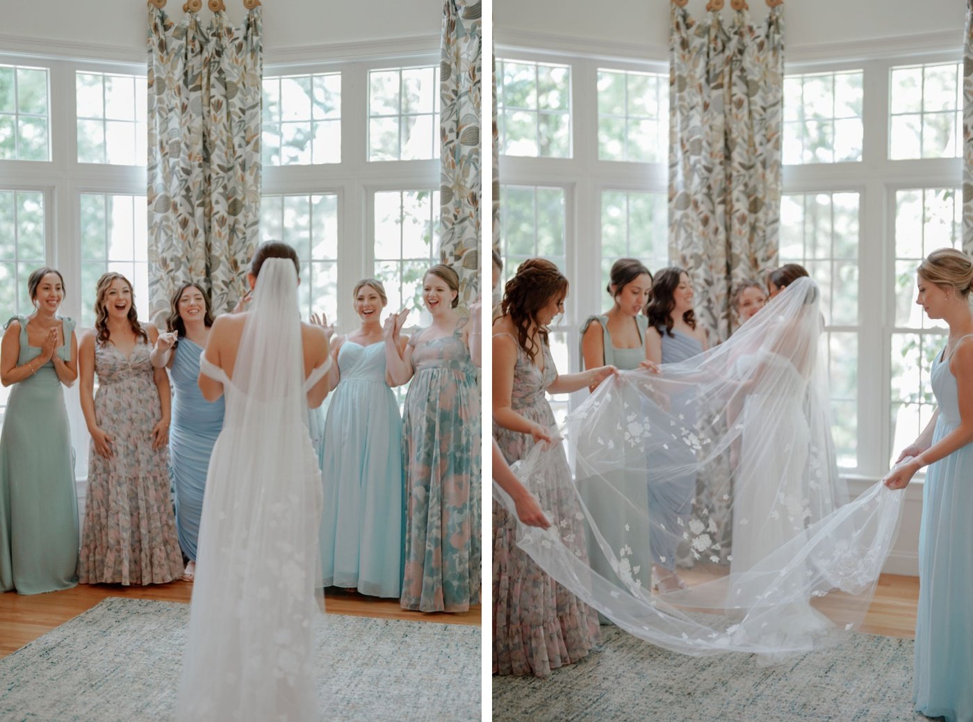 First look with bridesmaids at a New England wedding