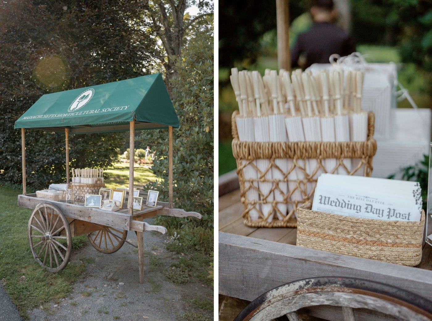 Baskets filled with paper parasols and custom newspaper programs at a Massachusetts wedding ceremony