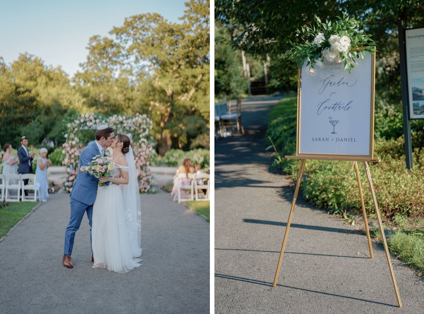 Blue and white wedding cocktail hour sign on a wood easel with fresh flowers