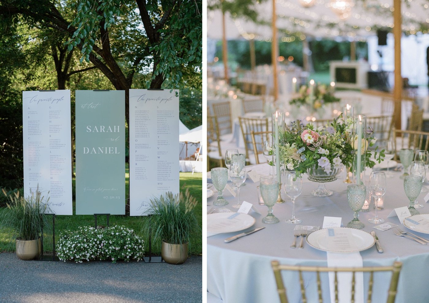 White and sage green wedding seating chart with three panels