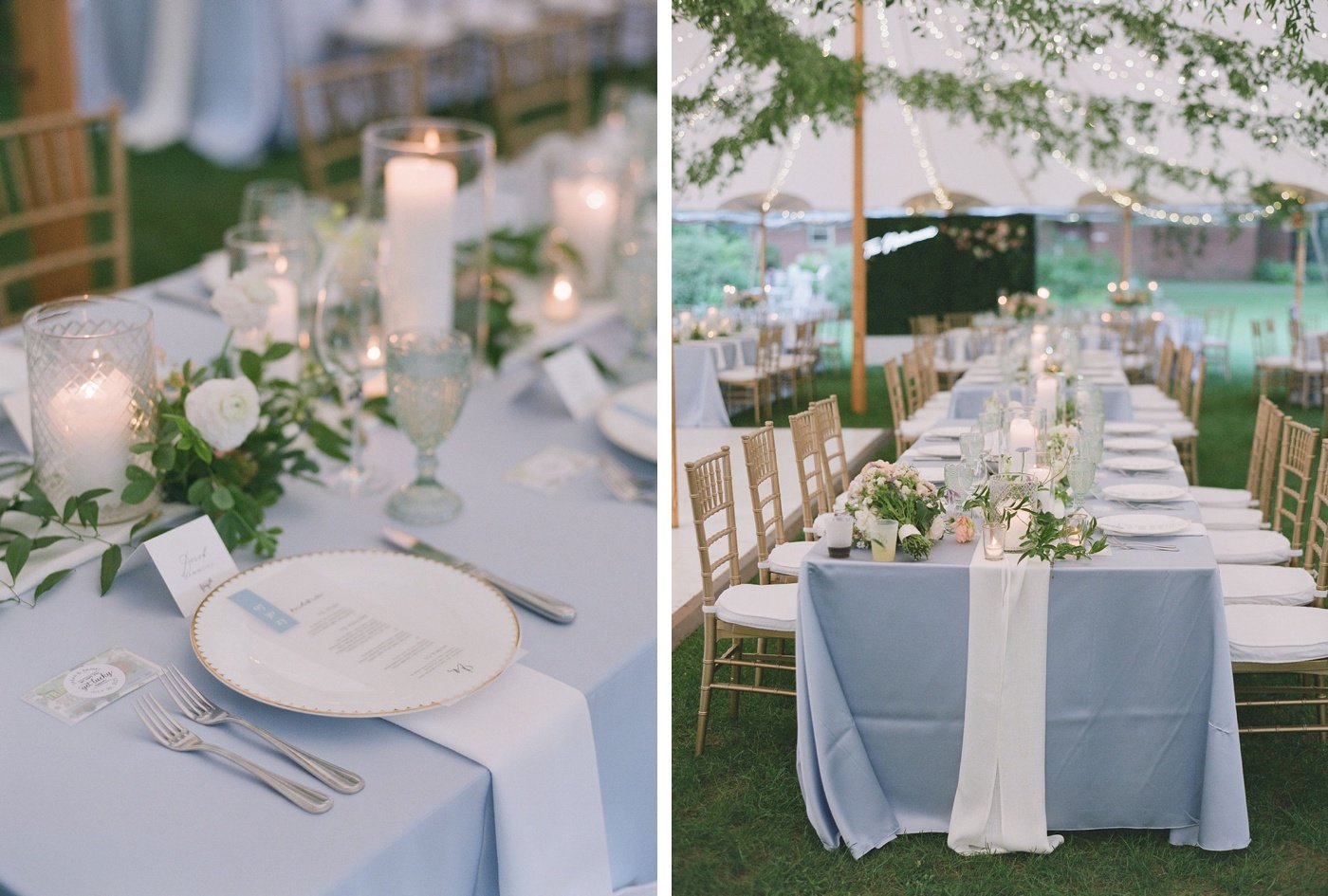 Guest table with a light blue satin tablecloth, greenery garland, and candles at a New England wedding