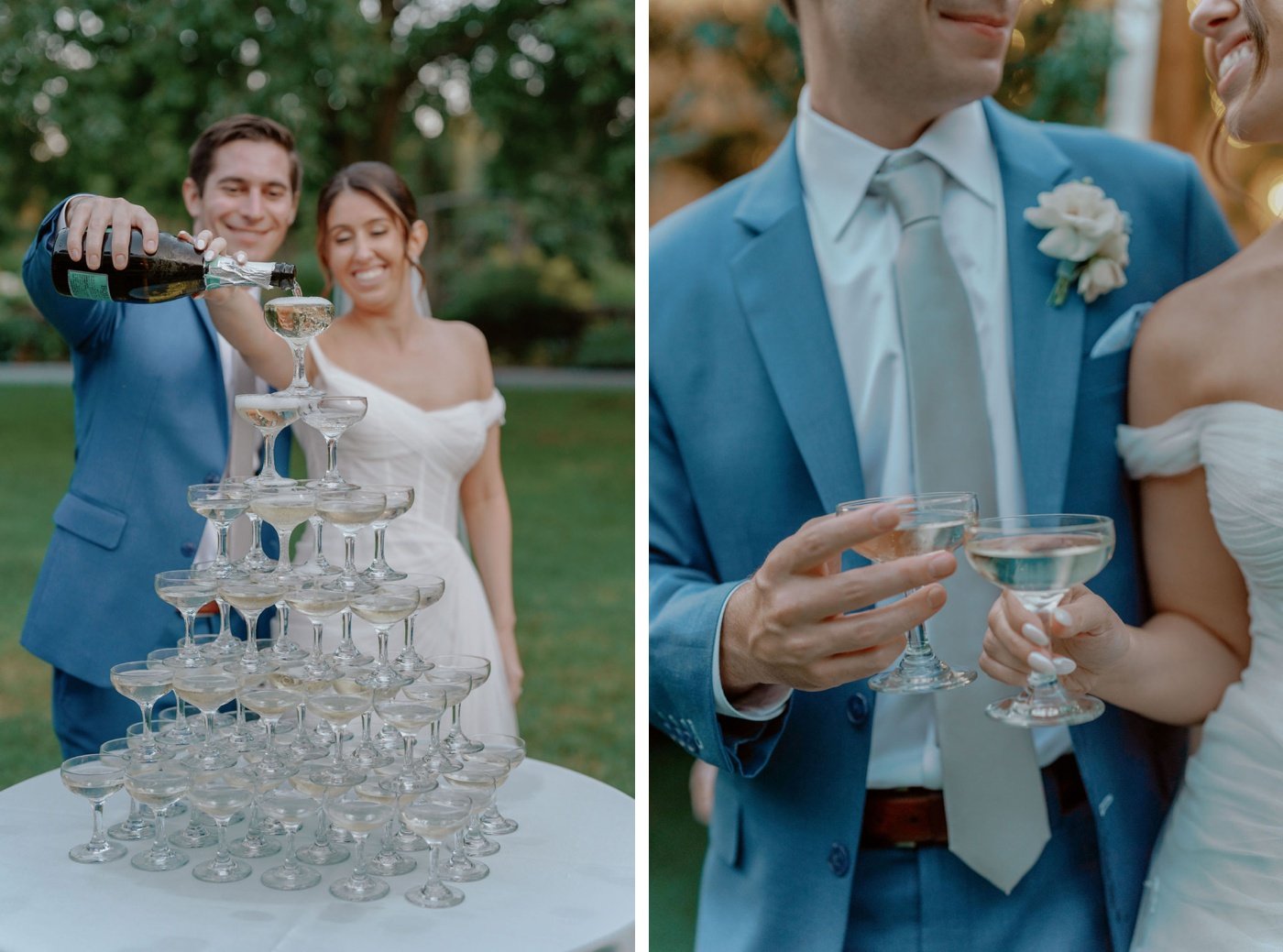 Newlyweds filling a champagne tower at an outdoor wedding reception