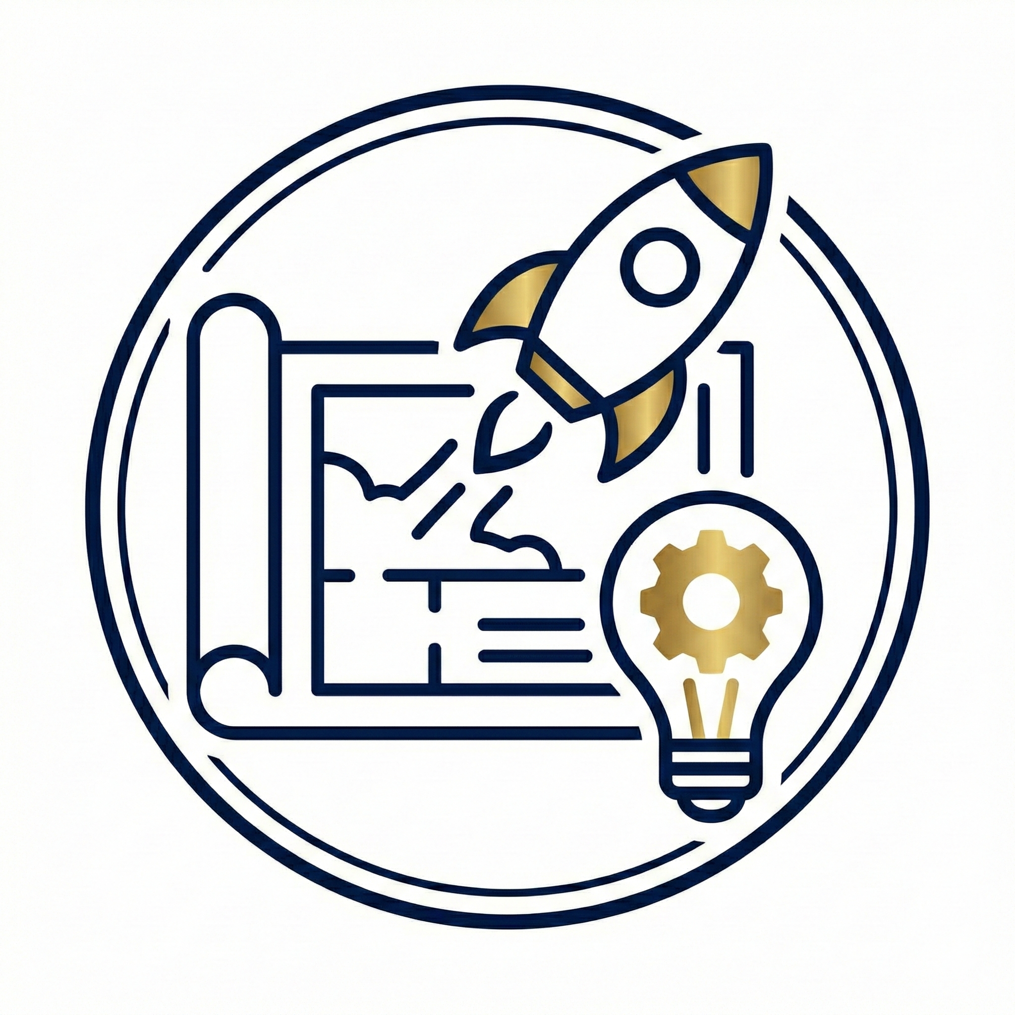 Illustration representing startup services for founders, symbolizing business planning, app development, and new venture launch in navy blue and gold.