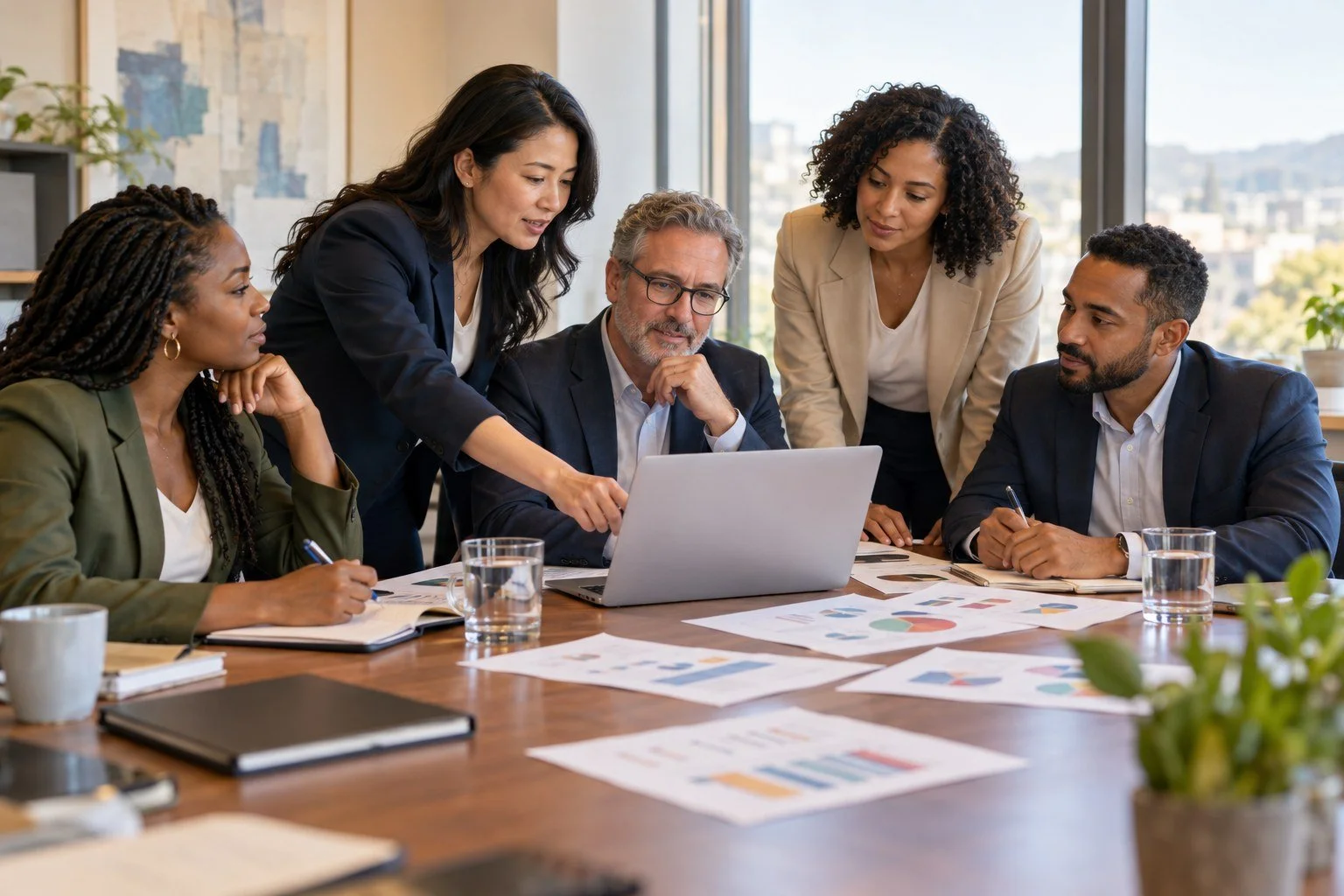 Diverse team of nonprofit professionals reviewing charts and program data on a laptop around a conference table