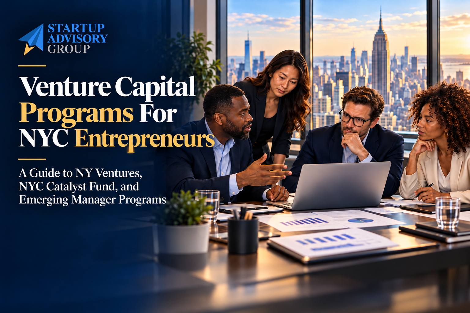 Venture capital programs for NYC entrepreneurs: investors and founders reviewing funding options with the New York skyline behind them