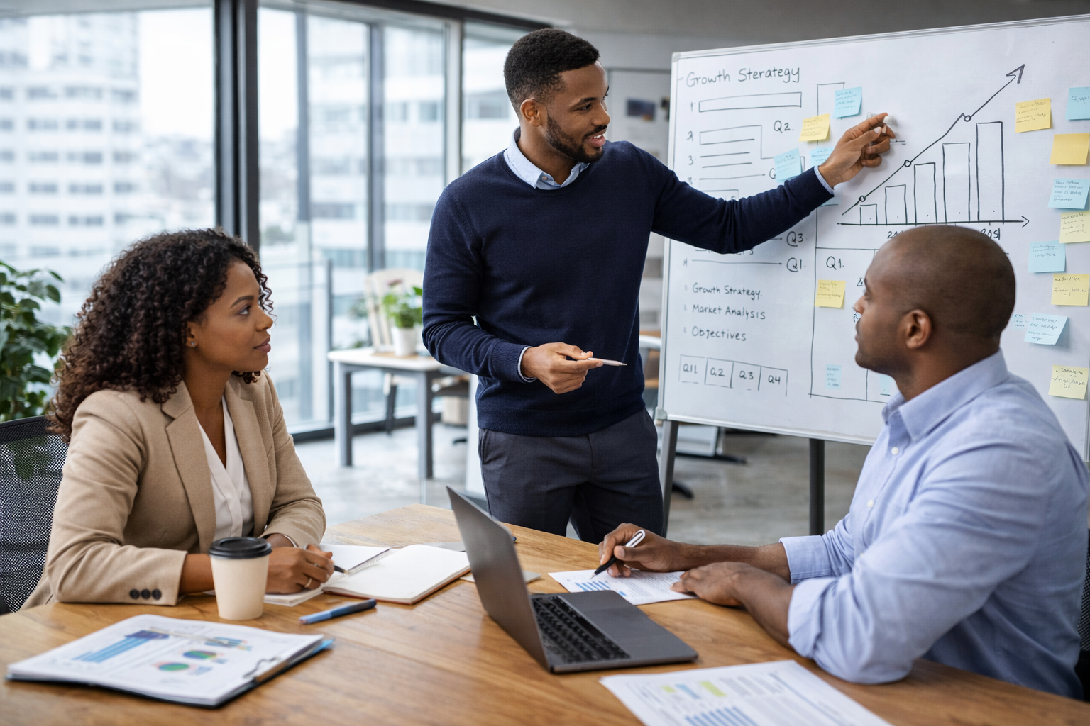 Executive team collaborating on business strategy and growth planning in a modern office