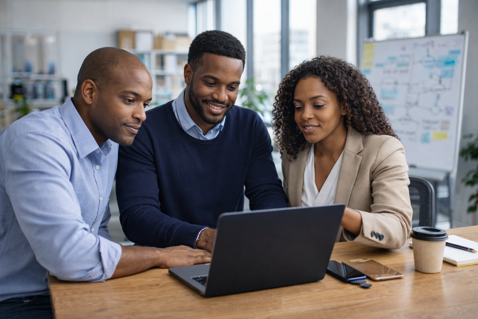 Consultants working with a client to modernize business workflows in a modern office.