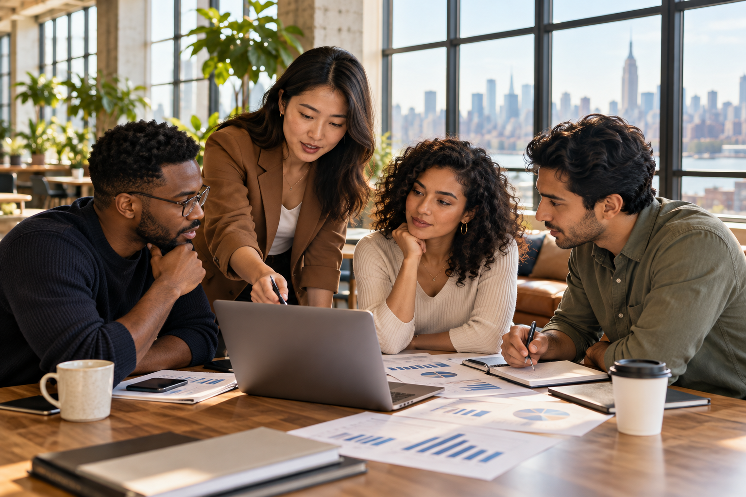 Startup team reviewing funding charts on a laptop in a New York office