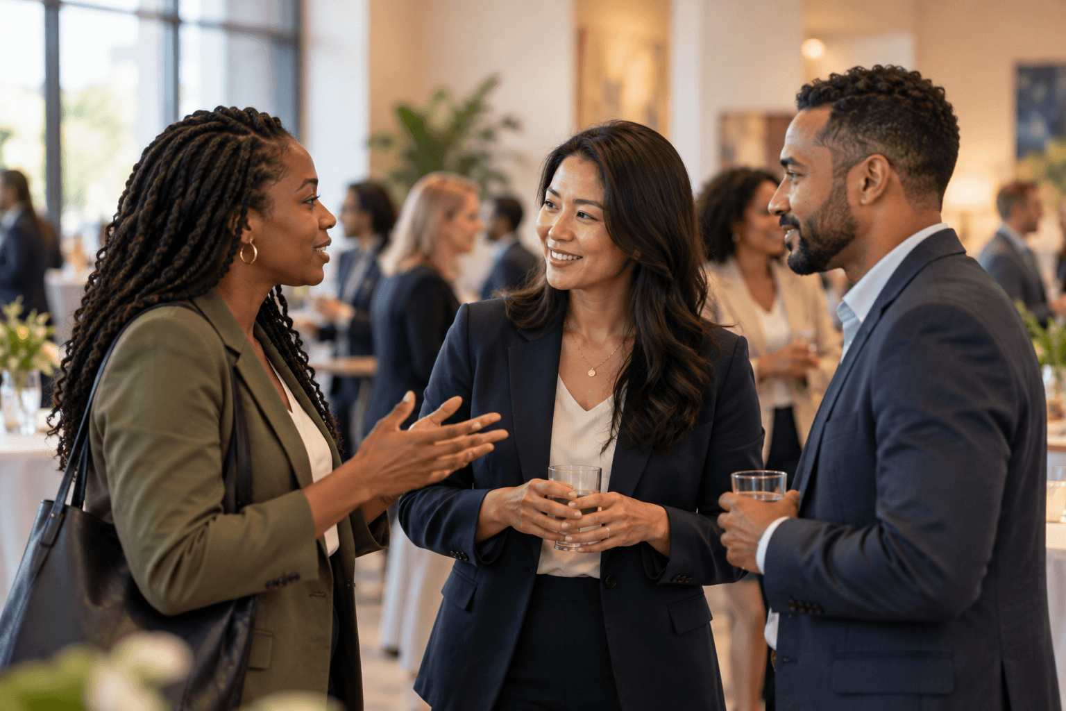Three professionals in conversation at a nonprofit funder networking event