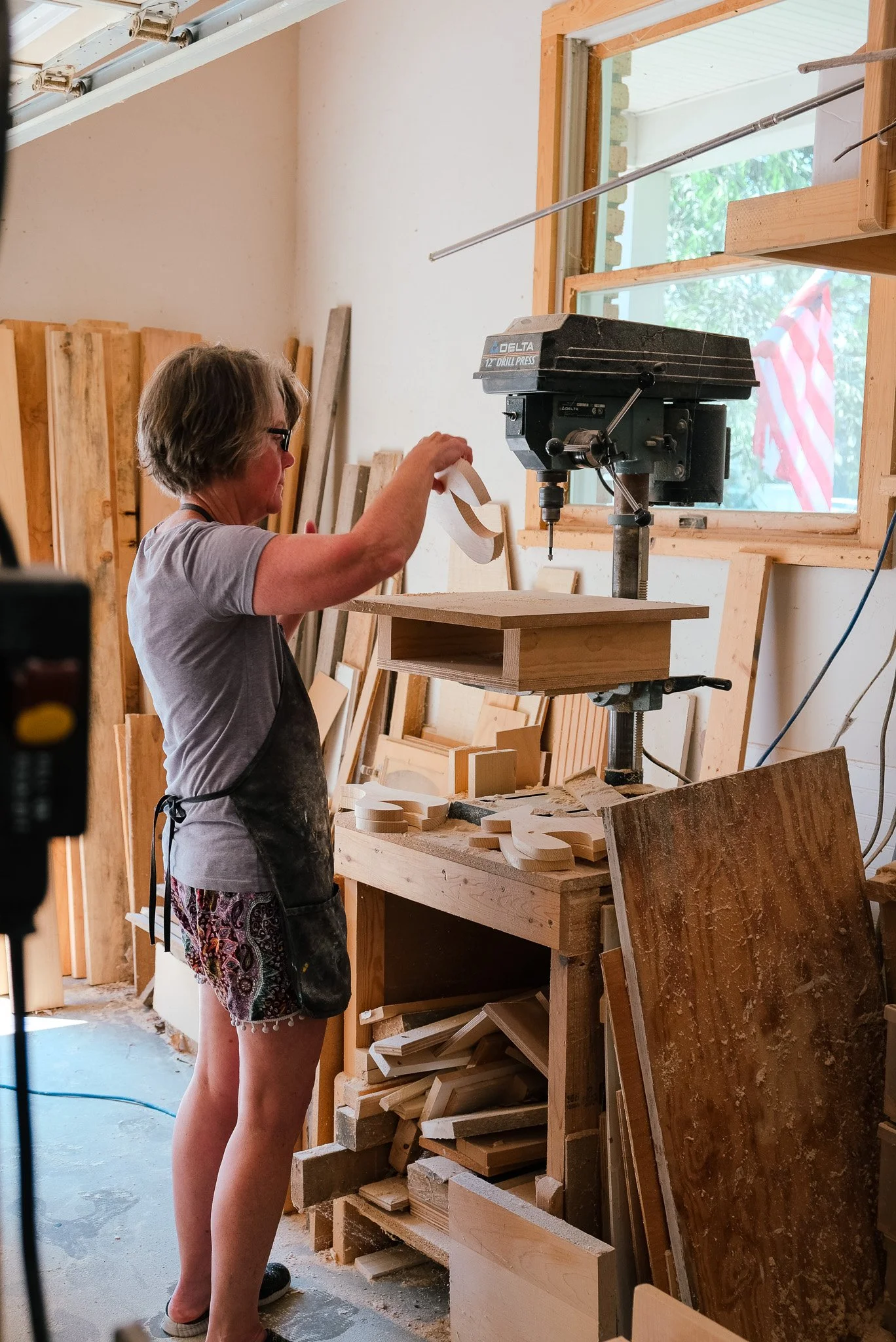 Local Artist Shelly Drews in her woodshop, Local Art Galleries in Traverse City Michigan,