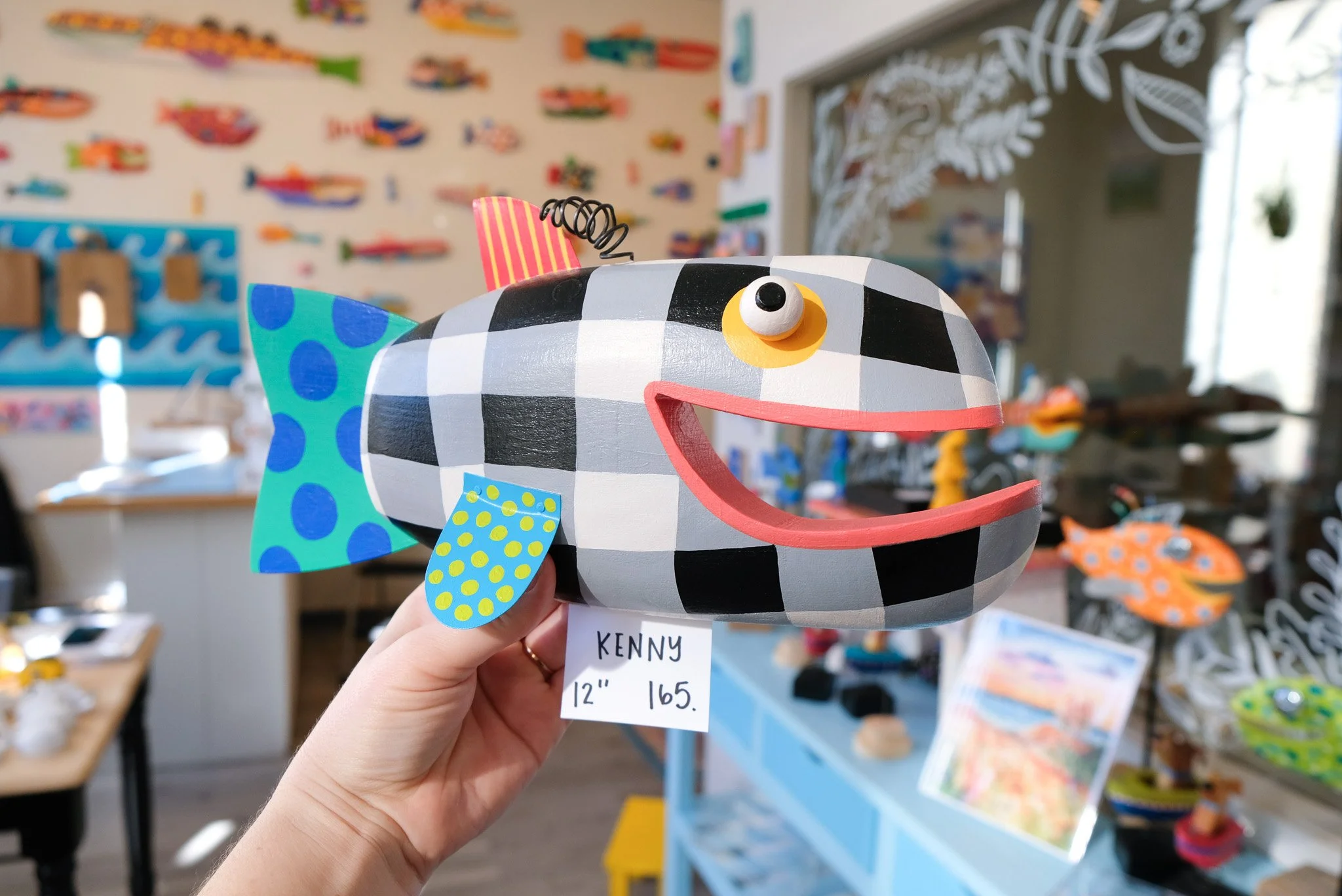 Black and white buffalo check wooden carved fish, happy whimsical fish, wall fish home decor, laughing Fish, funky wood fish