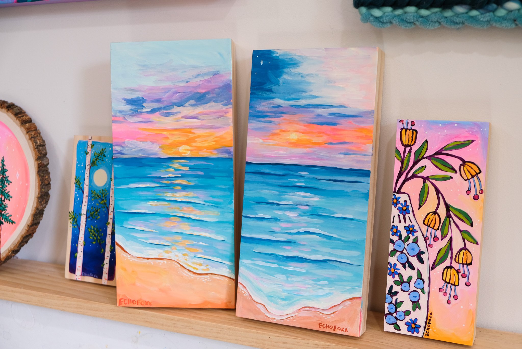 Lake Michigan Sunset paintings on wood by Kirstie Drews, Echo Foxx, of Northern Michigan, unique art of Traverse City