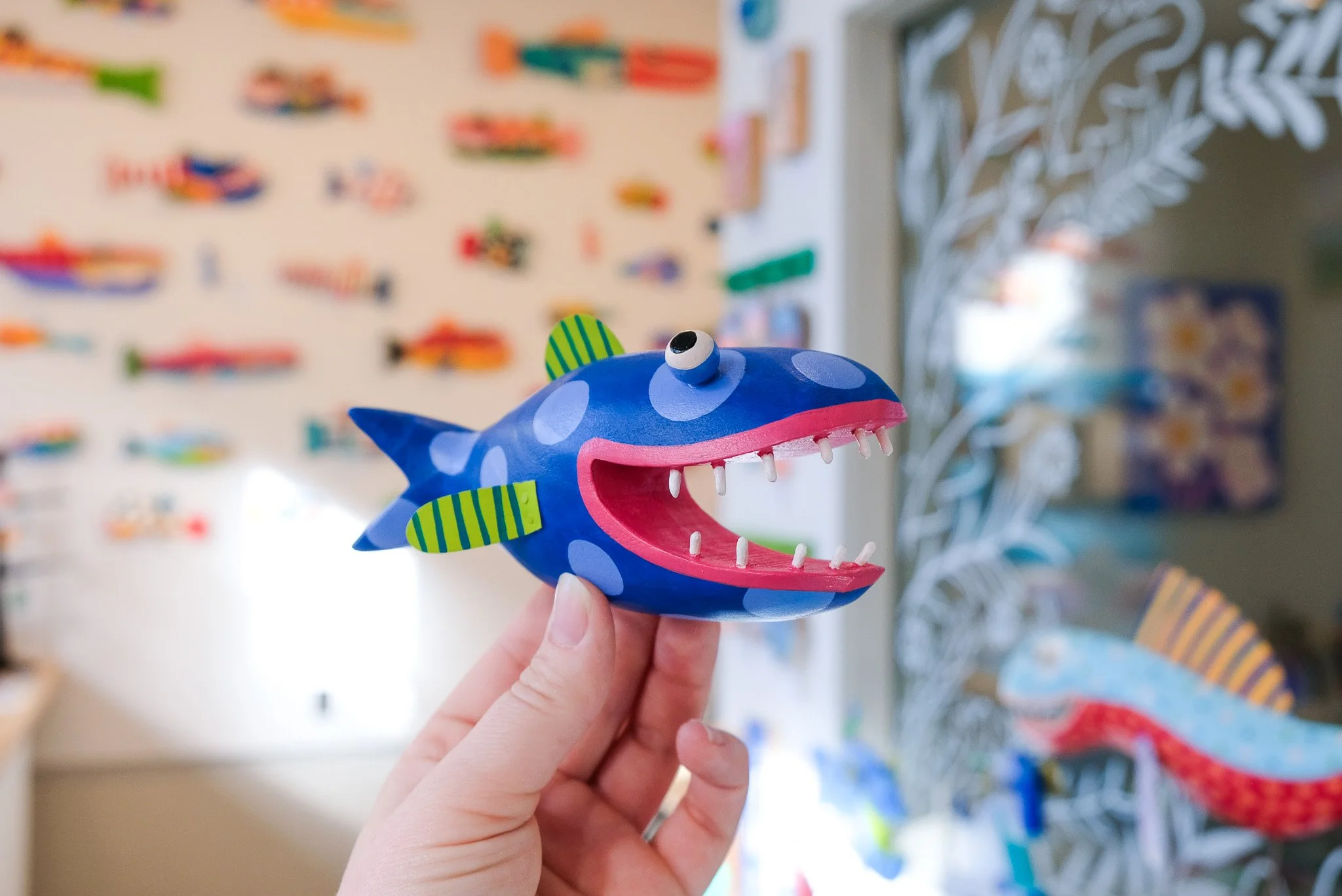 smiling wood fish, happy fish painting, polka dot wooden fish, Shelly Drews wooden carved fish, Bay fish