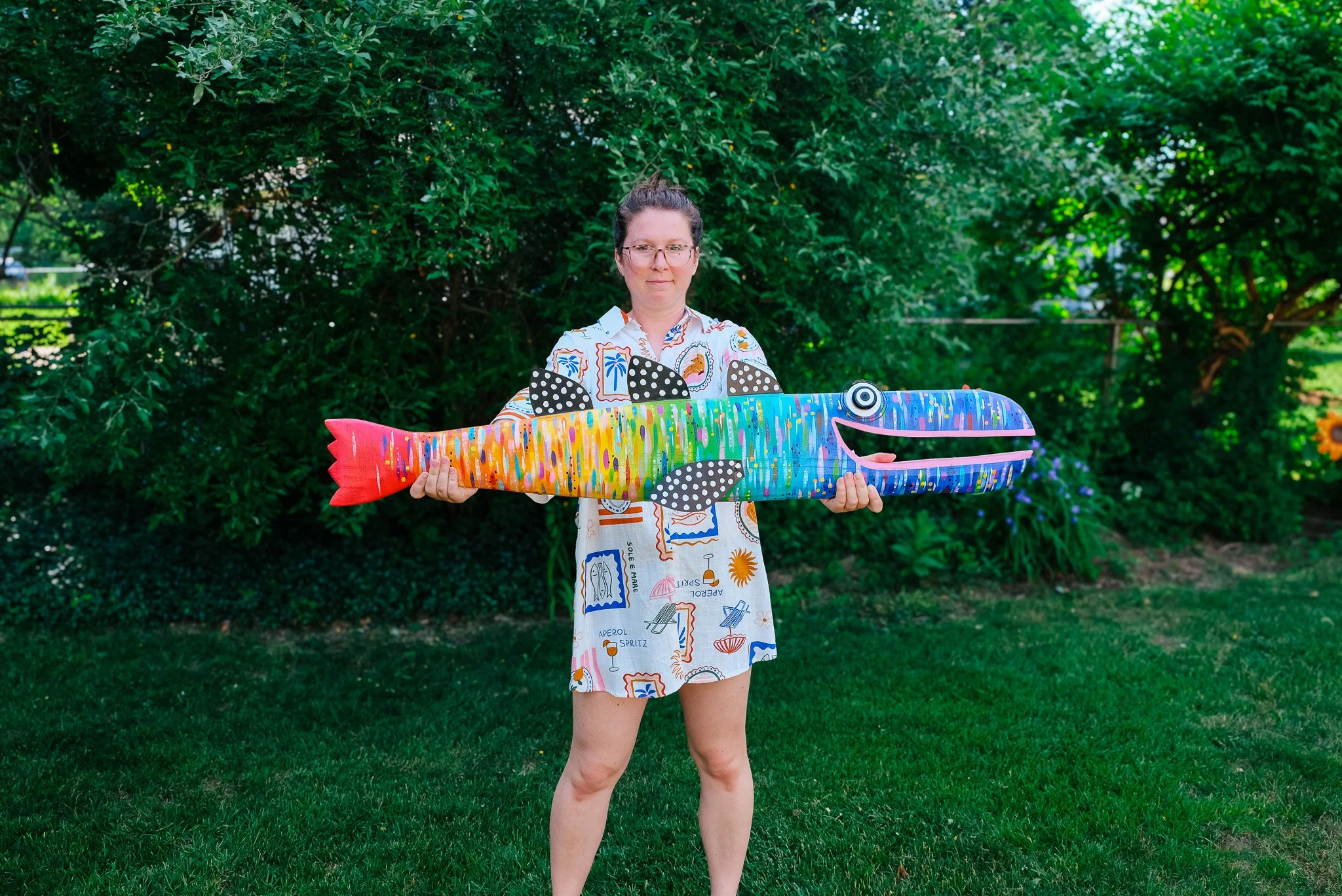 Whimsical Wood Carved Colorful Rainbow Fish handmade by Shelly Drews in Traverse City Michigan
