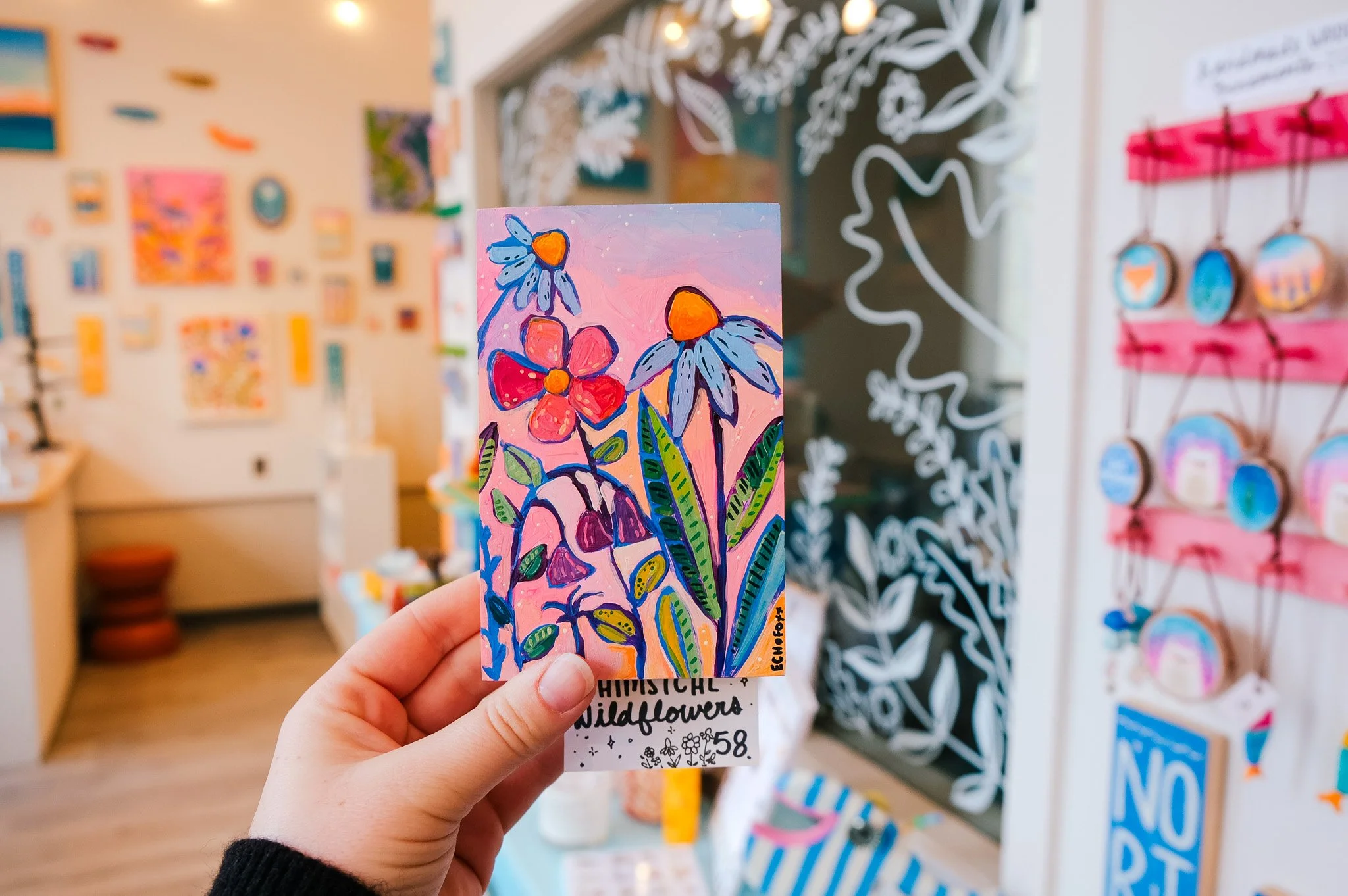 Kirstie Drews, Colorful and Vibrant Acrylic Floral Painting, Wildflower Garden Painting on Wood