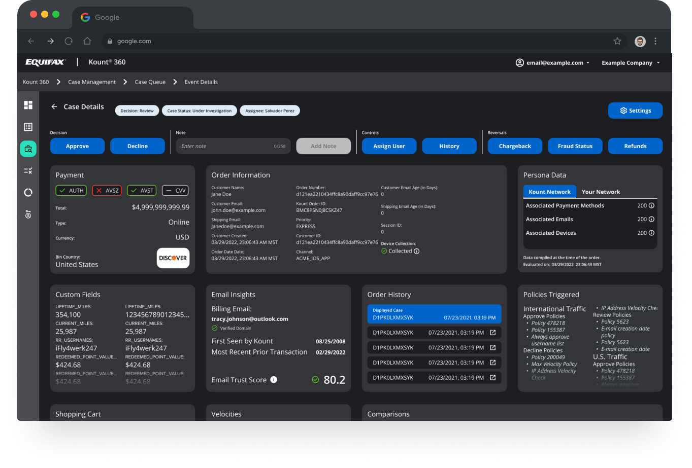 Screenshot of Equifax Kount 360 case management system dashboard showing case details, payment info, order information, email insights, order history, policies triggered, policies triggered, shopping cart, velocities, and comparisons.