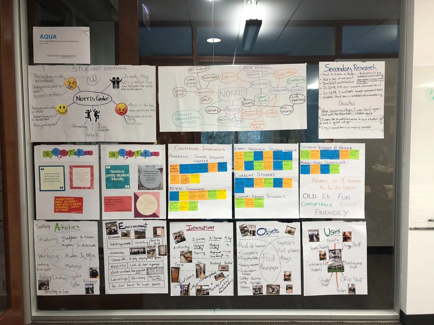 Information board with handwritten notes and printed quotes about Norris Center, its facilities, student activities, environment, objects, and people, including quotes and diagrams.