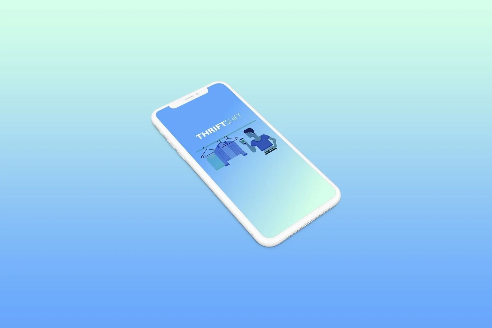 Smartphone displaying ThriftShift app with a logo and illustration of a person shopping for clothes.