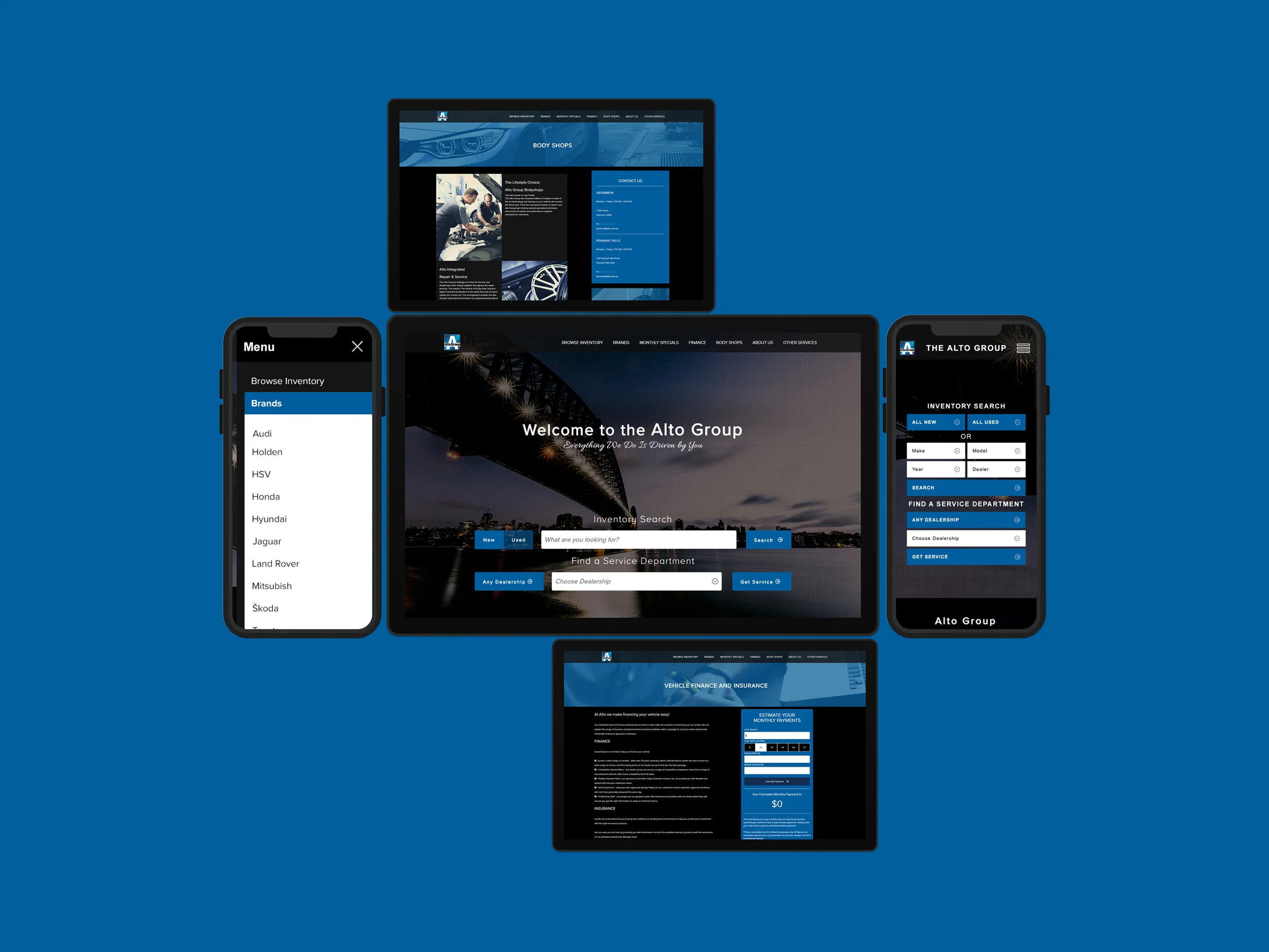 Screenshots of a website for the Alto Group, an automotive dealership, displayed on multiple mobile devices and a tablet, showing inventory, services, and contact information.