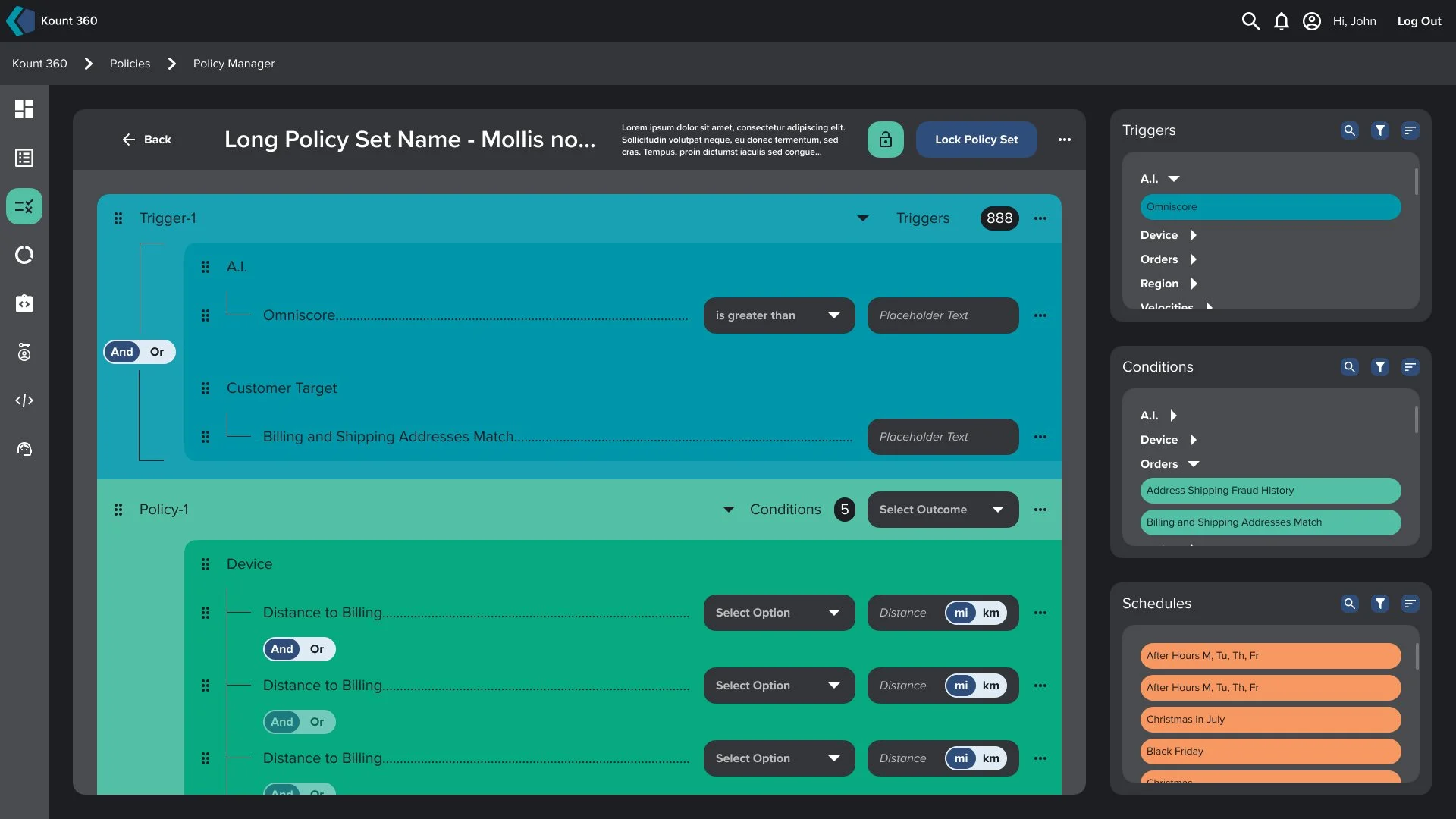 Screenshot of a software interface for managing insurance policies, with sections labeled 'Long Policy Set Name' and 'Triggers', 'Conditions', and 'Schedules'. It includes options for defining triggers, matching billing addresses, and scheduling events.