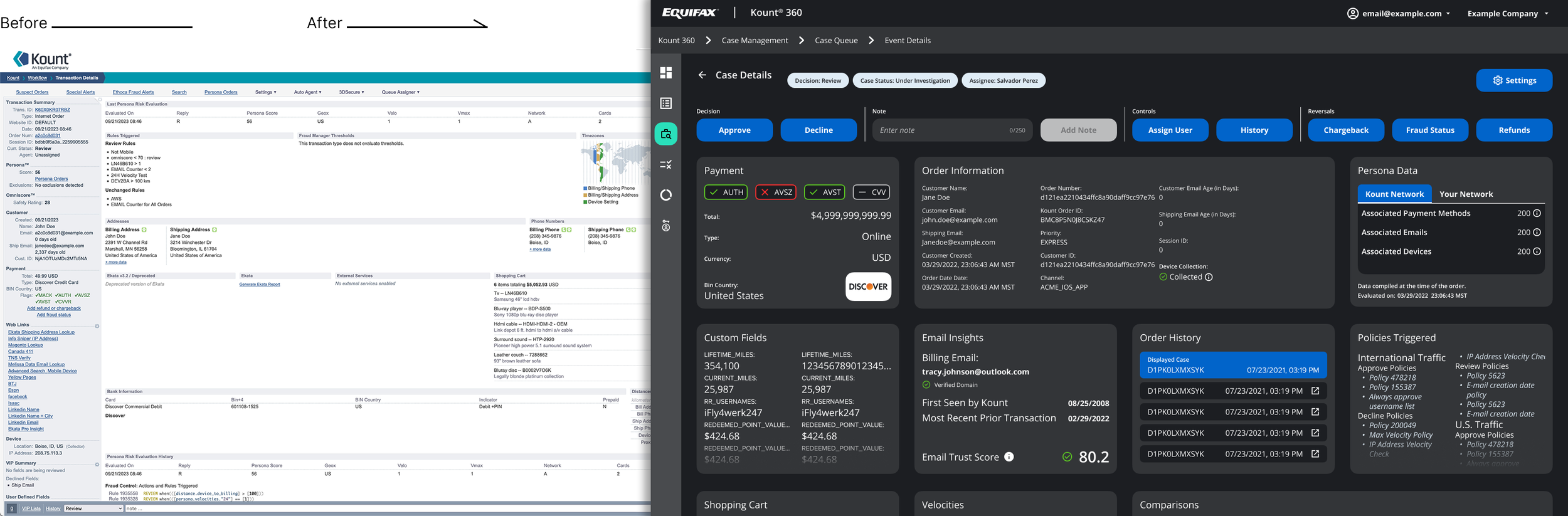 Comparison of a fraud review dashboard before and after interface redesign. The before screenshot shows a detailed transaction and persona overview on a white background, while the after screenshot features a dark mode interface with case management tools, order details, and customer data.