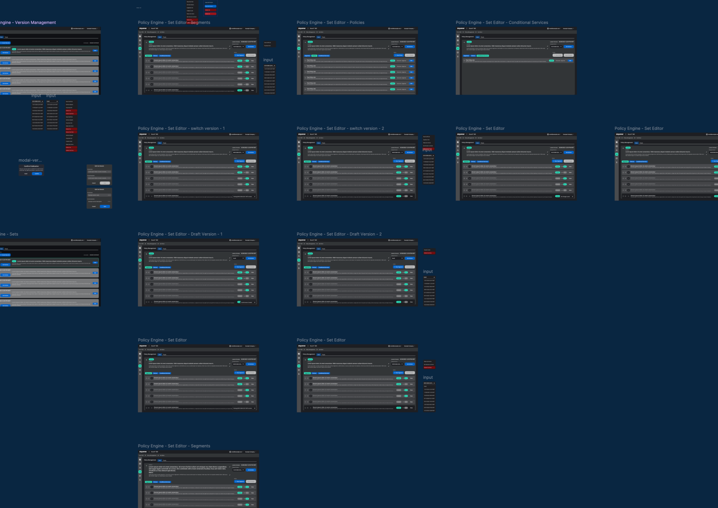 A digital screenshot showing multiple overlapping windows of a policy engine set editor interface. The interface includes several sections like policies, conditional services, switch versions, draft versions, sets, and segments, with toggle switches, input fields, and menus on a dark background.